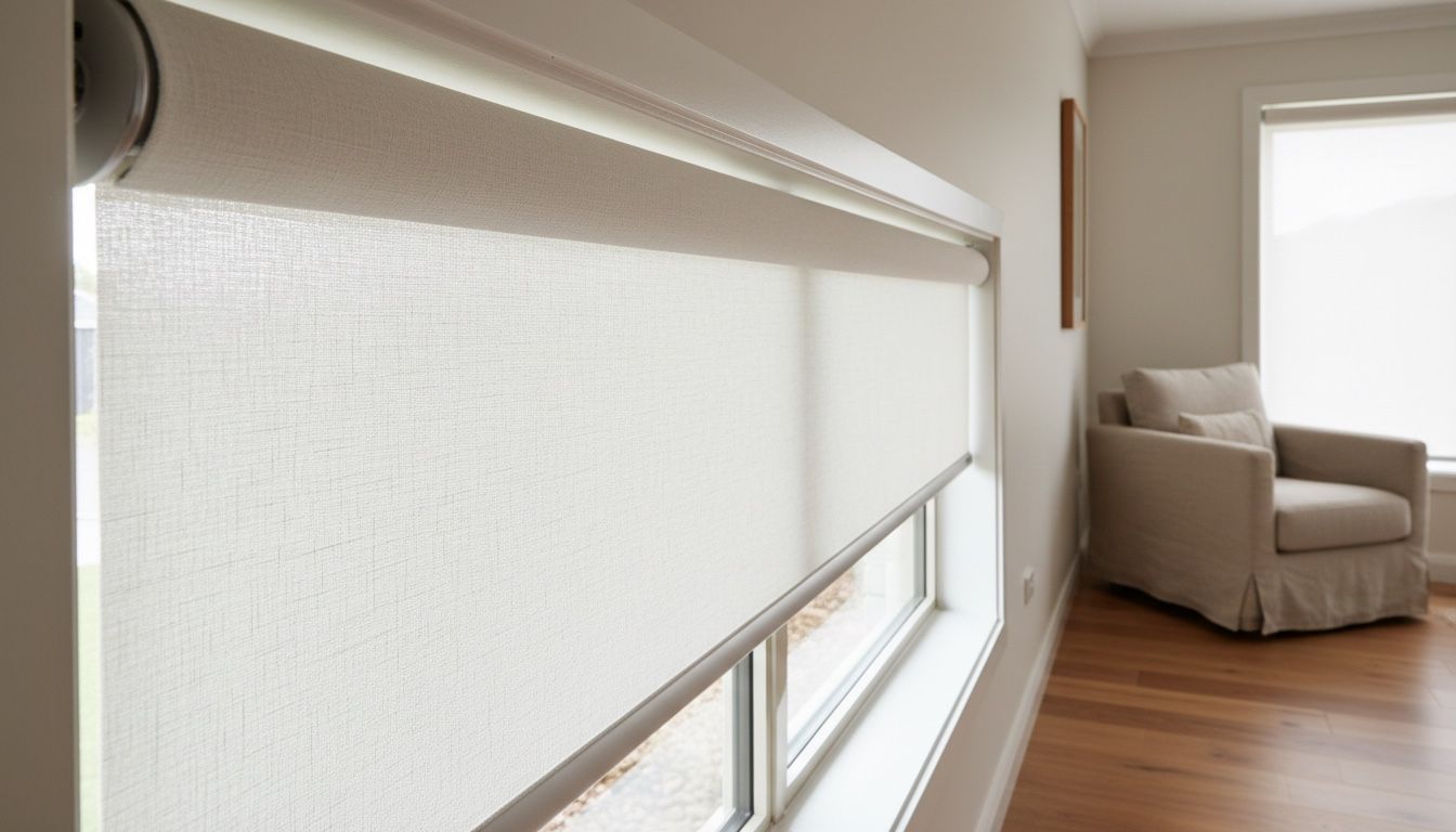 Close-up of a white Rollease Acmeda roller blind and its headrail