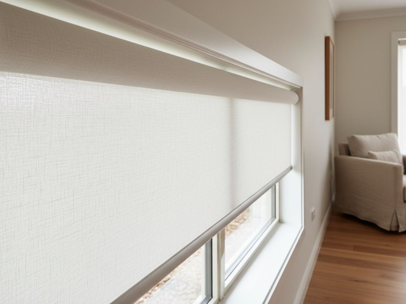 Close-up of a white Rollease Acmeda roller blind and its headrail