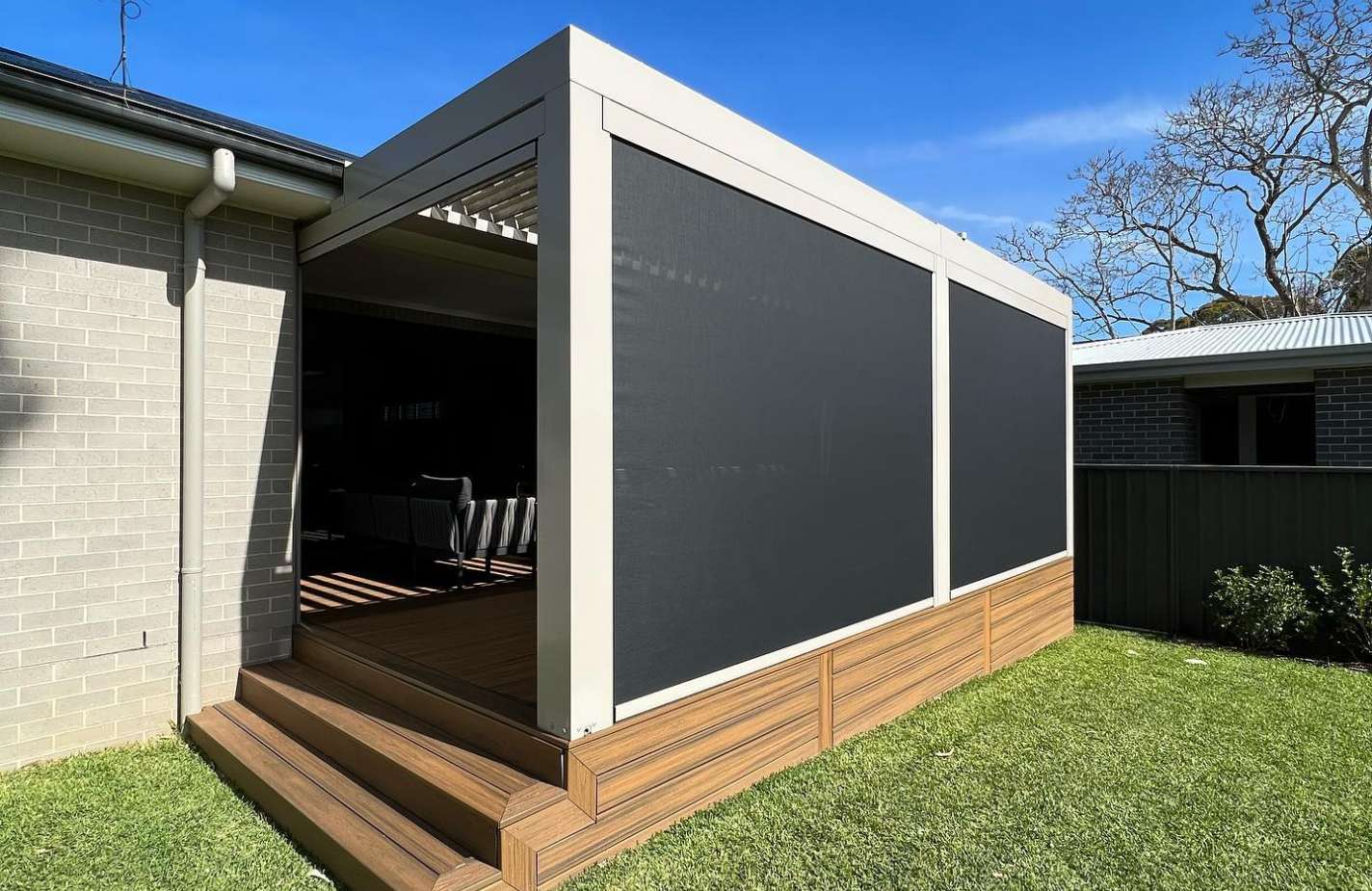 Outdoor blinds on a contemporary patio