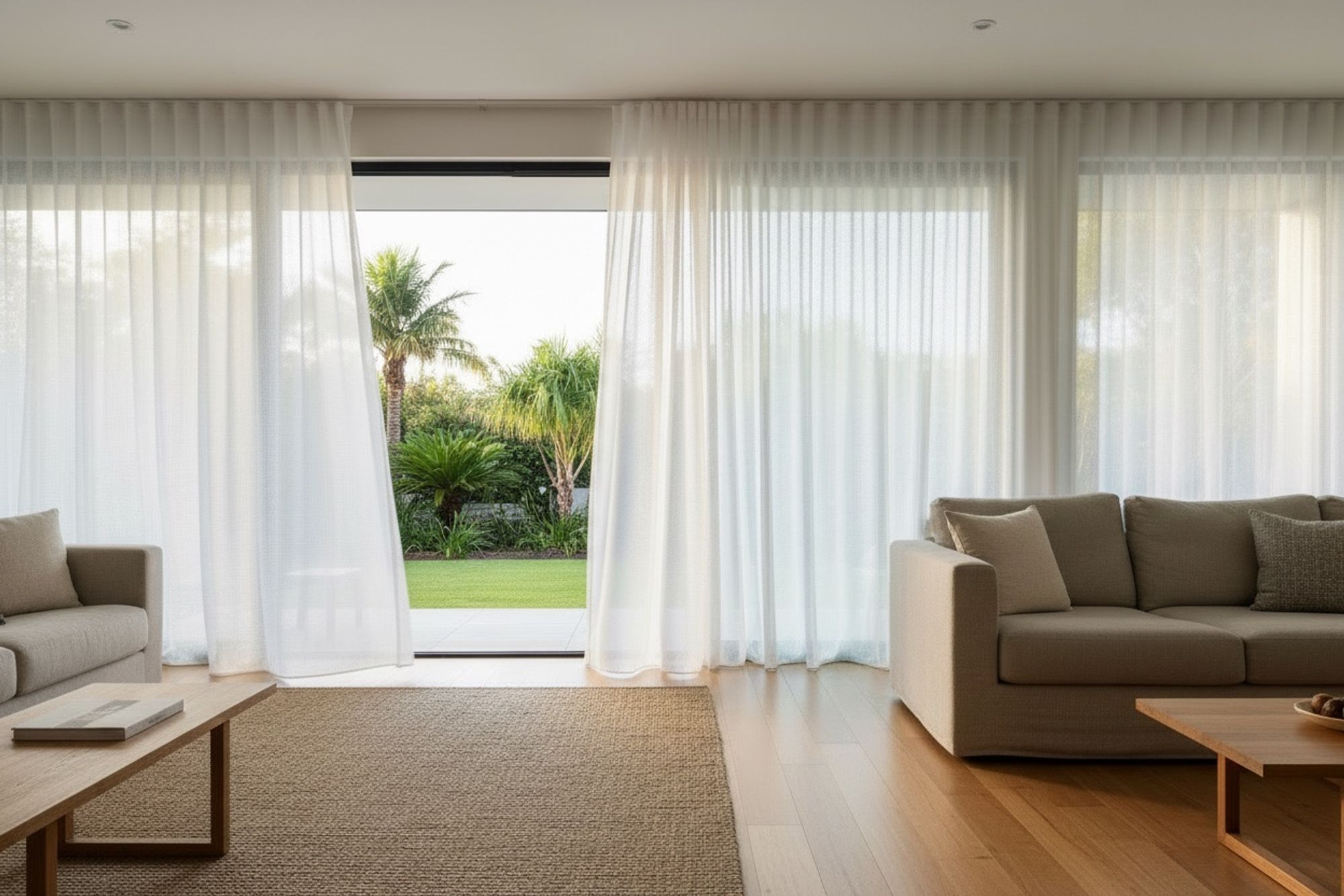 Light sheer curtains filtering summer sun in an open living room
