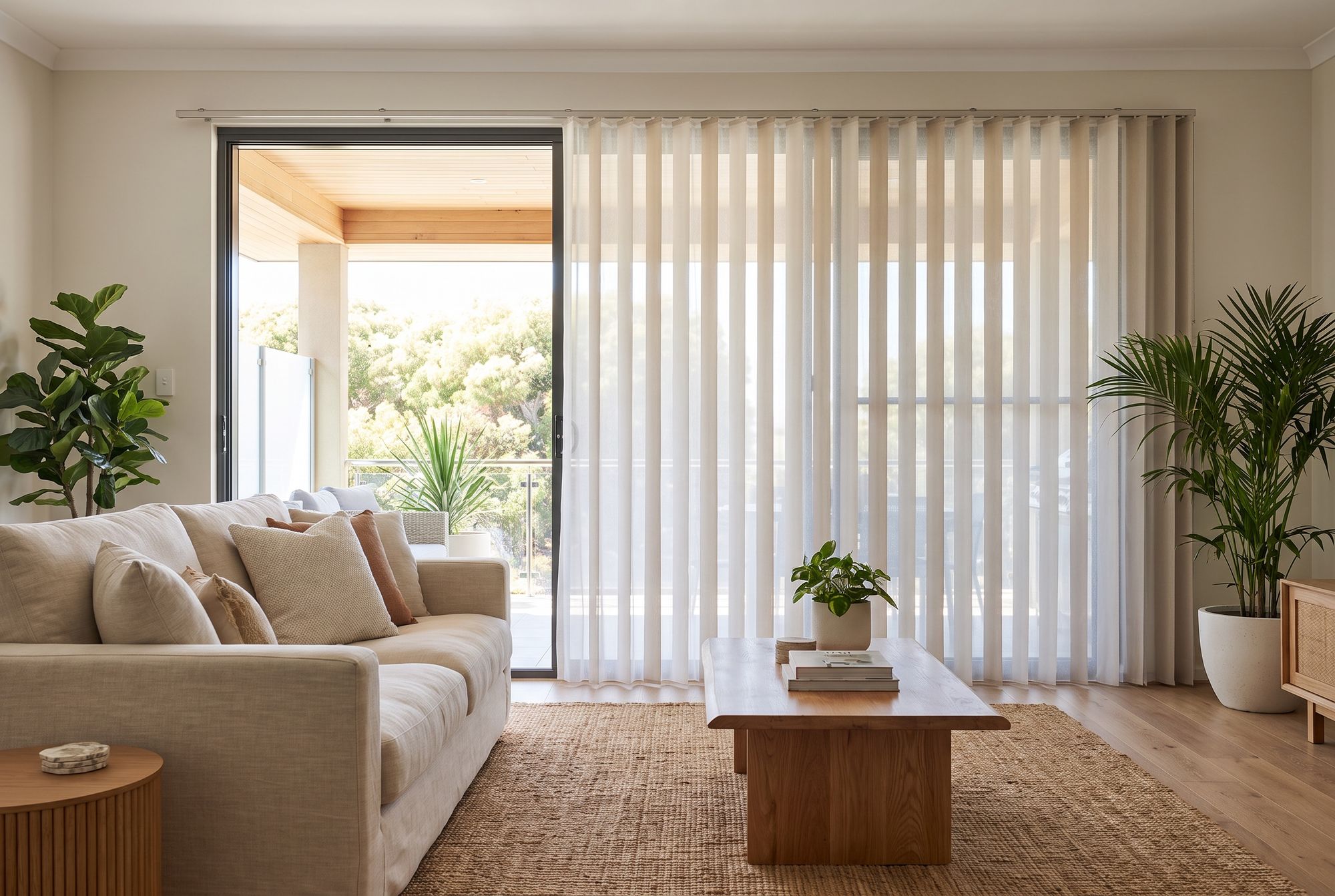 Veri Shades with vertical fabric vanes across a sliding door