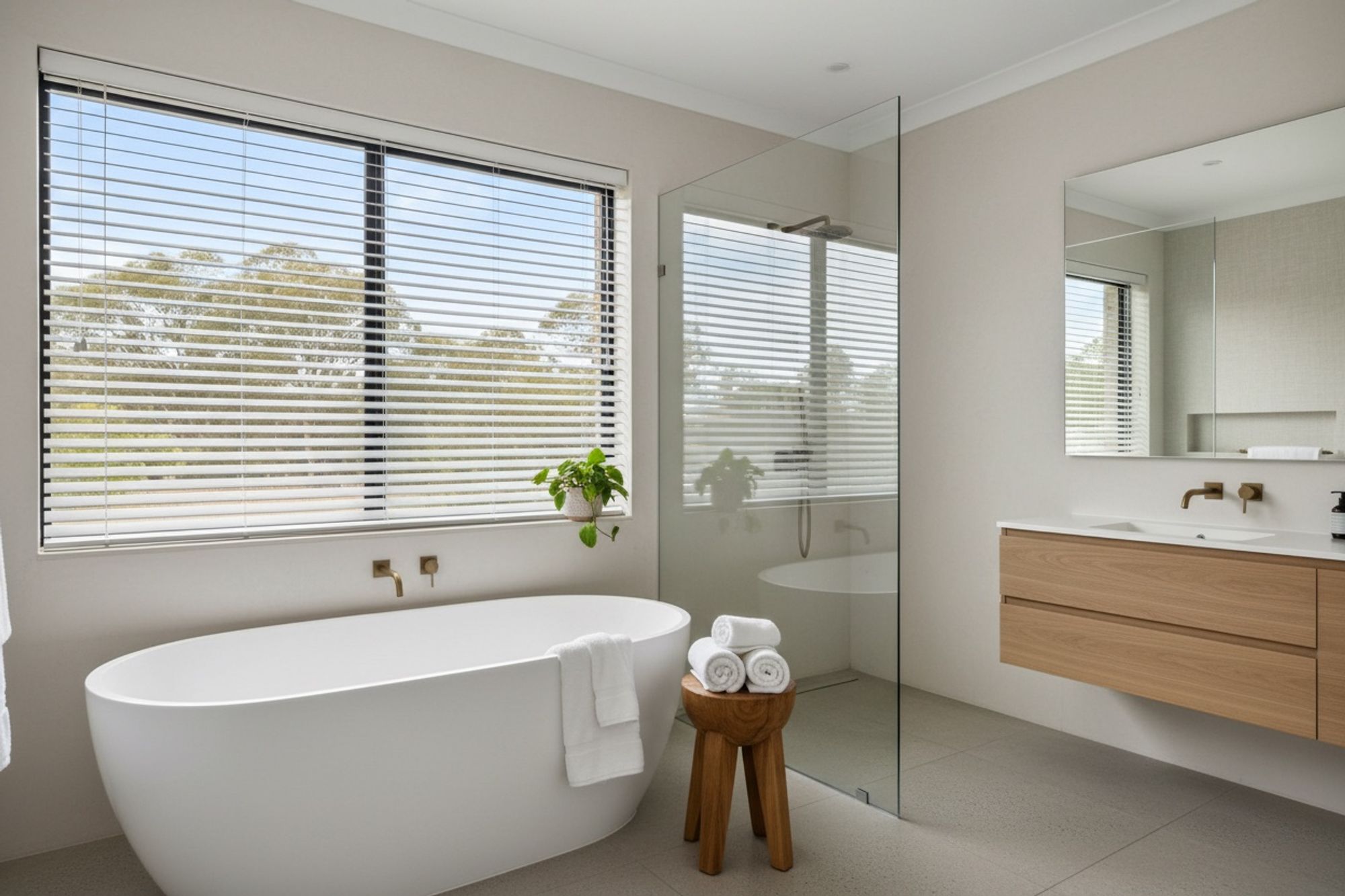 Bright bathroom with a white aluminium venetian blind tilted open