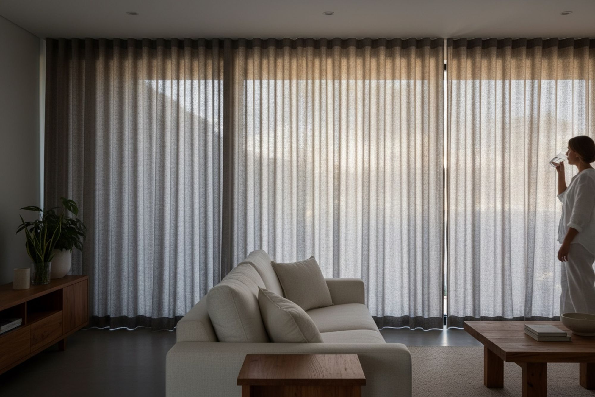 Living room shaded by drawn curtains on a hot summer day