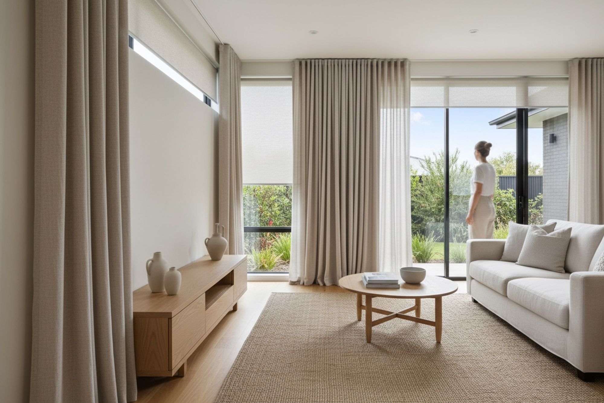 Living room with floor-length linen curtains and roller blinds, styled for sale