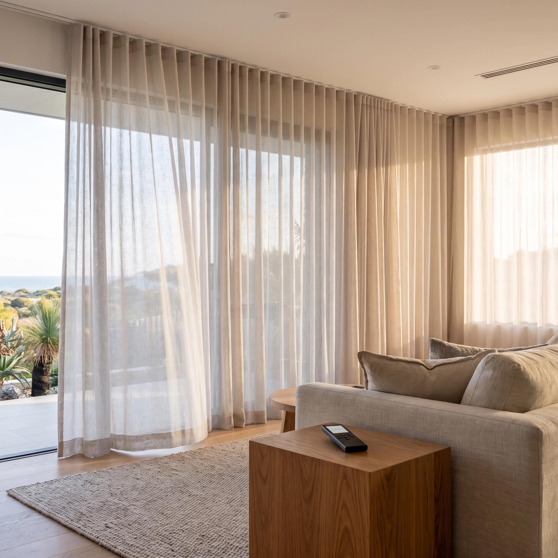 Motorised sheer curtains on a ceiling track with a remote on the side table