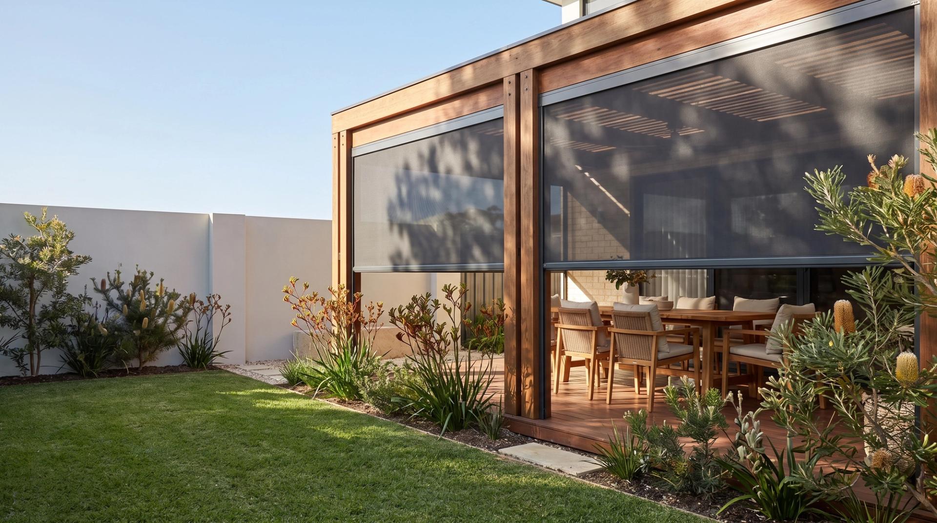 Outdoor sunshade blinds in side channels around a timber pergola