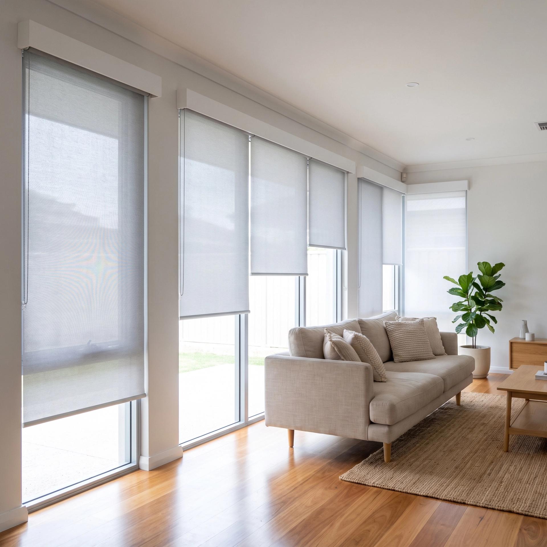 Indoor roller blinds on a run of tall living room windows