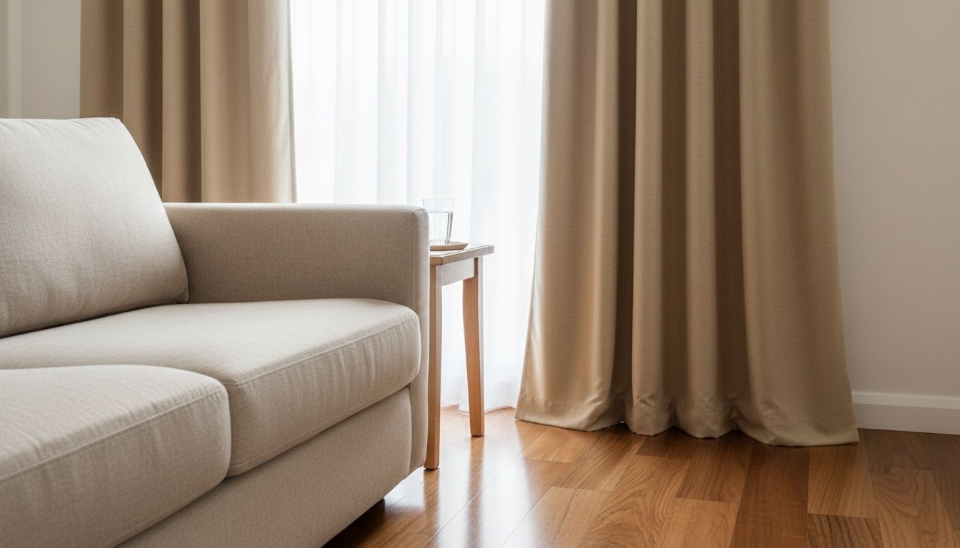 Floor-length performance fabric curtains beside a linen sofa