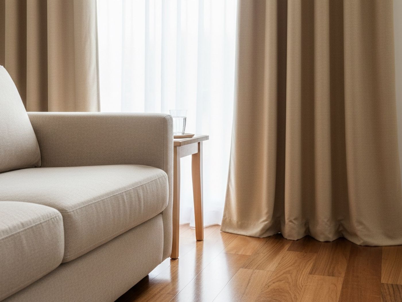 Floor-length performance fabric curtains beside a linen sofa