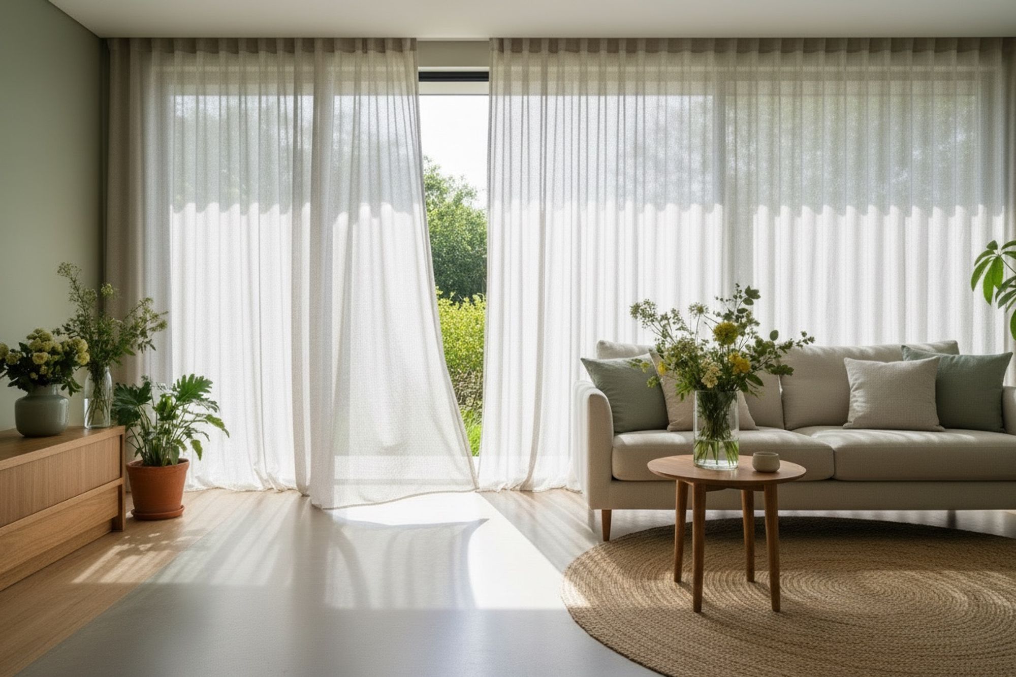Spring living room with sheer curtains and fresh flowers