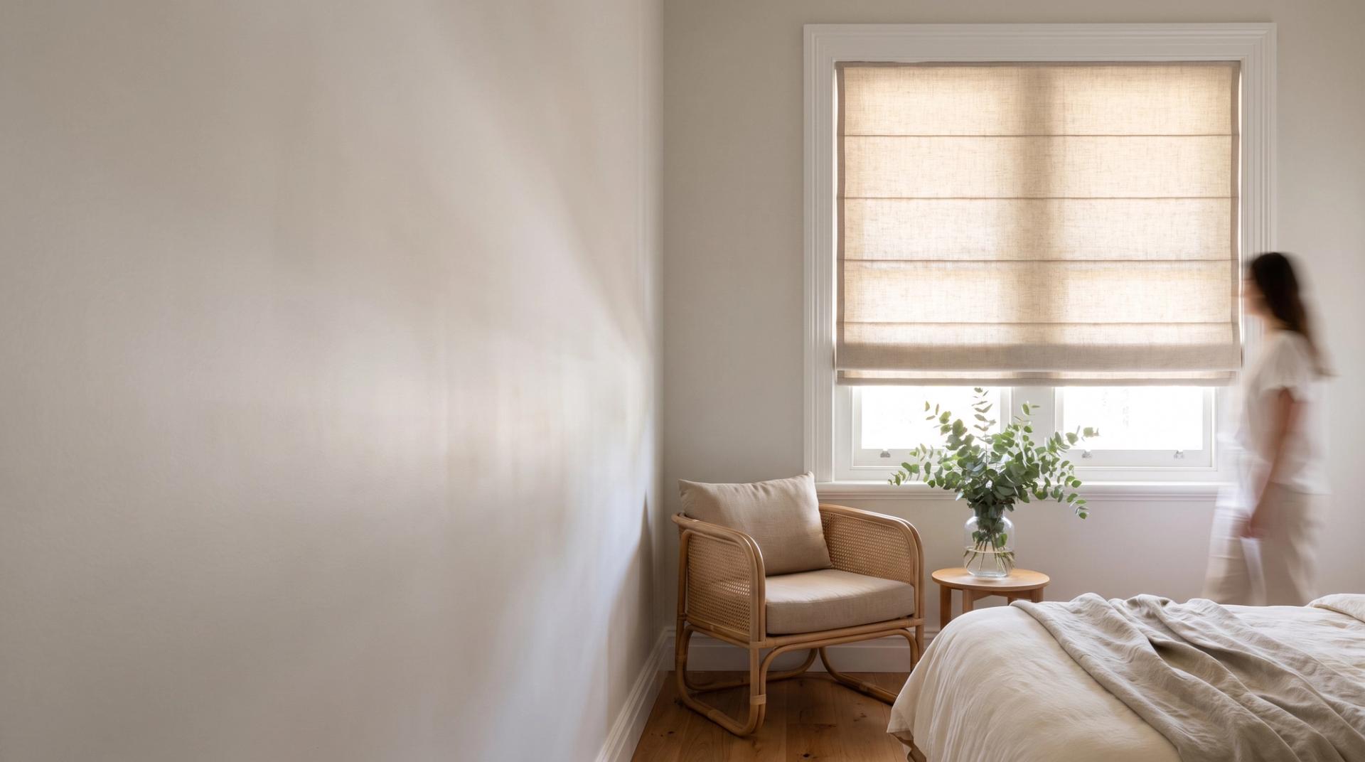 Natural linen flat-fold Roman blind in a bright Perth bedroom