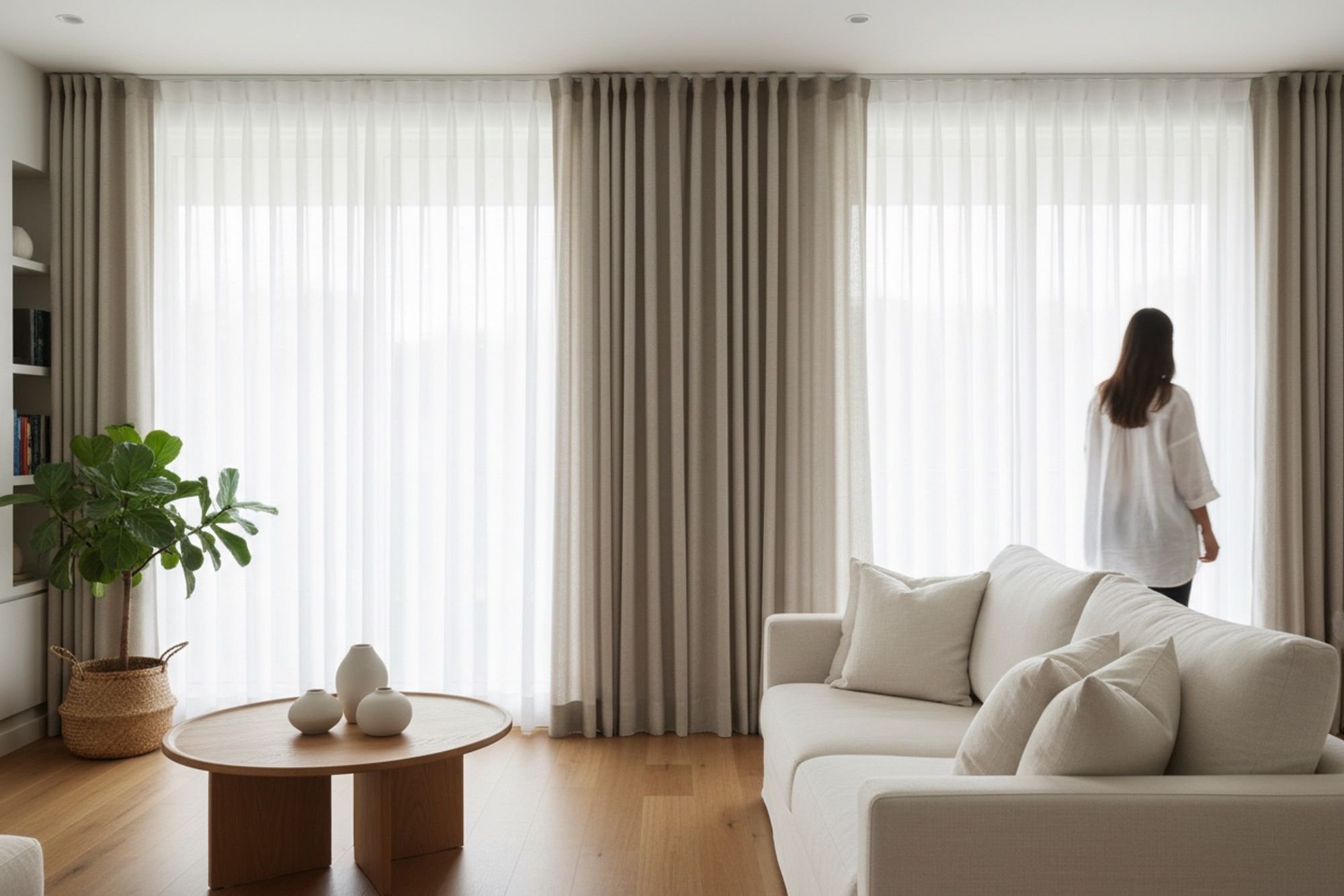 White sheers layered with taupe blockout curtains on a ceiling track