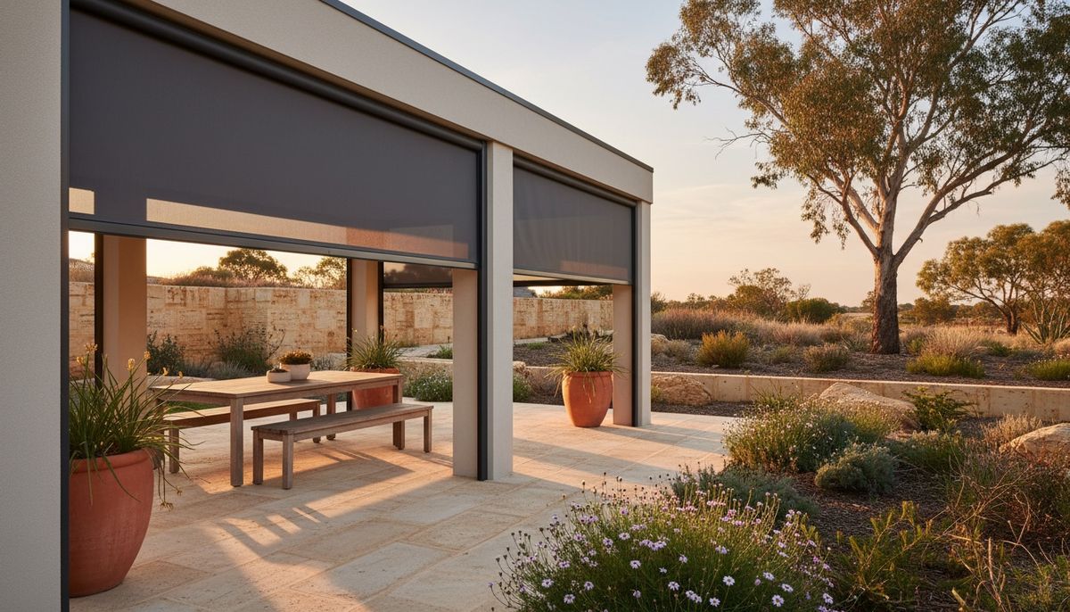 Charcoal outdoor blinds shading a Perth alfresco at sunset