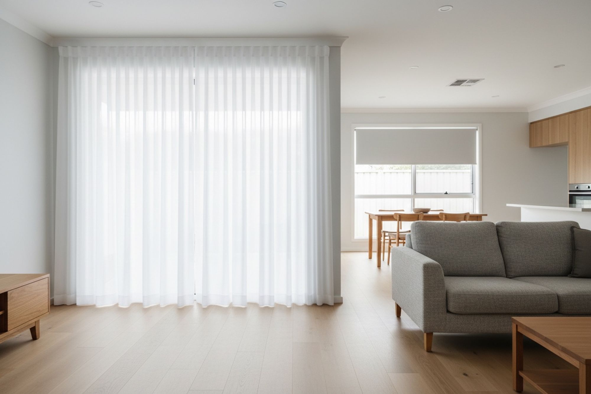 Open-plan home with white sheer curtains in the living area and a roller blind over the kitchen window