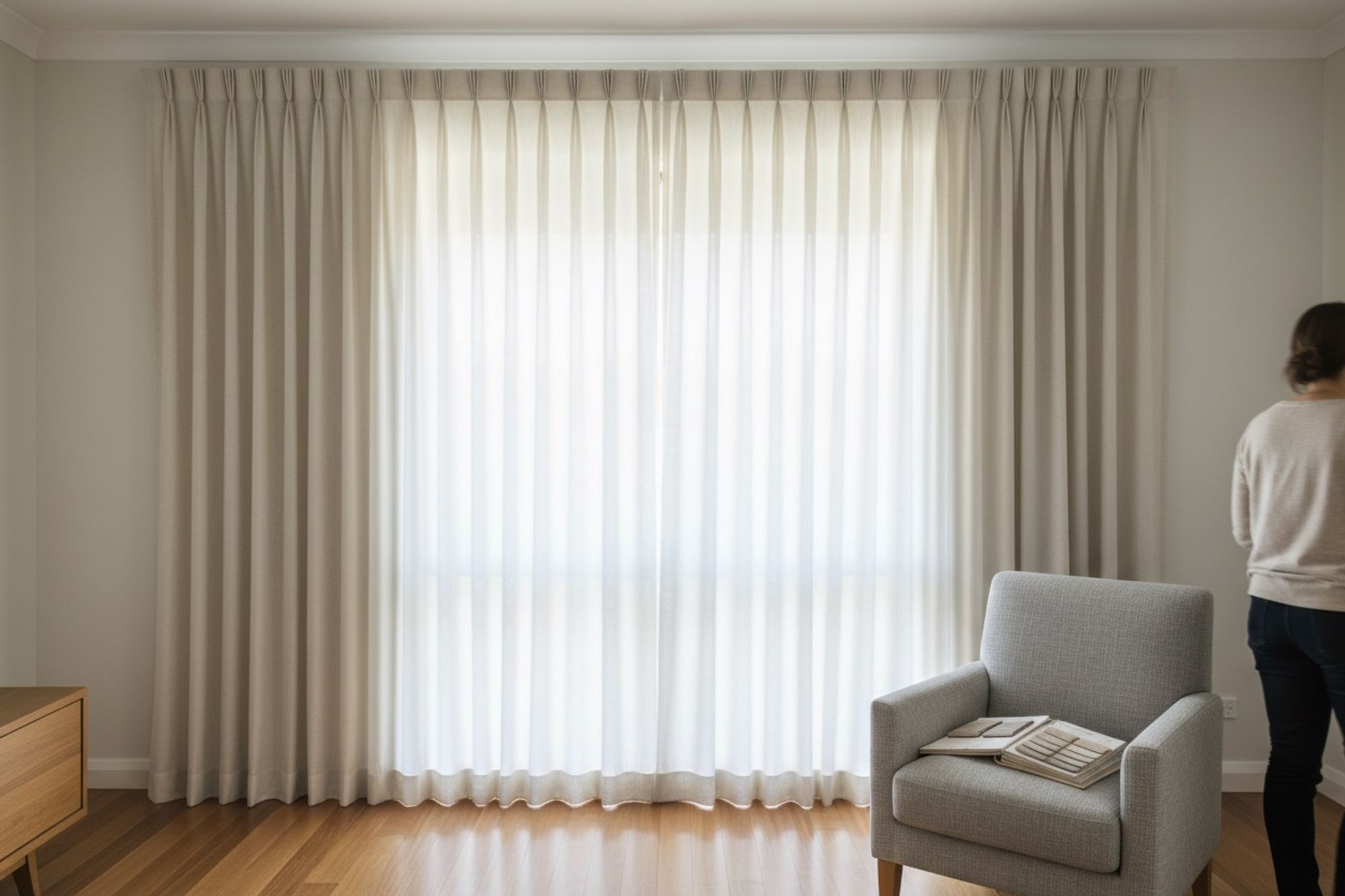 Made-to-measure pinch pleat curtains fitted to a large window