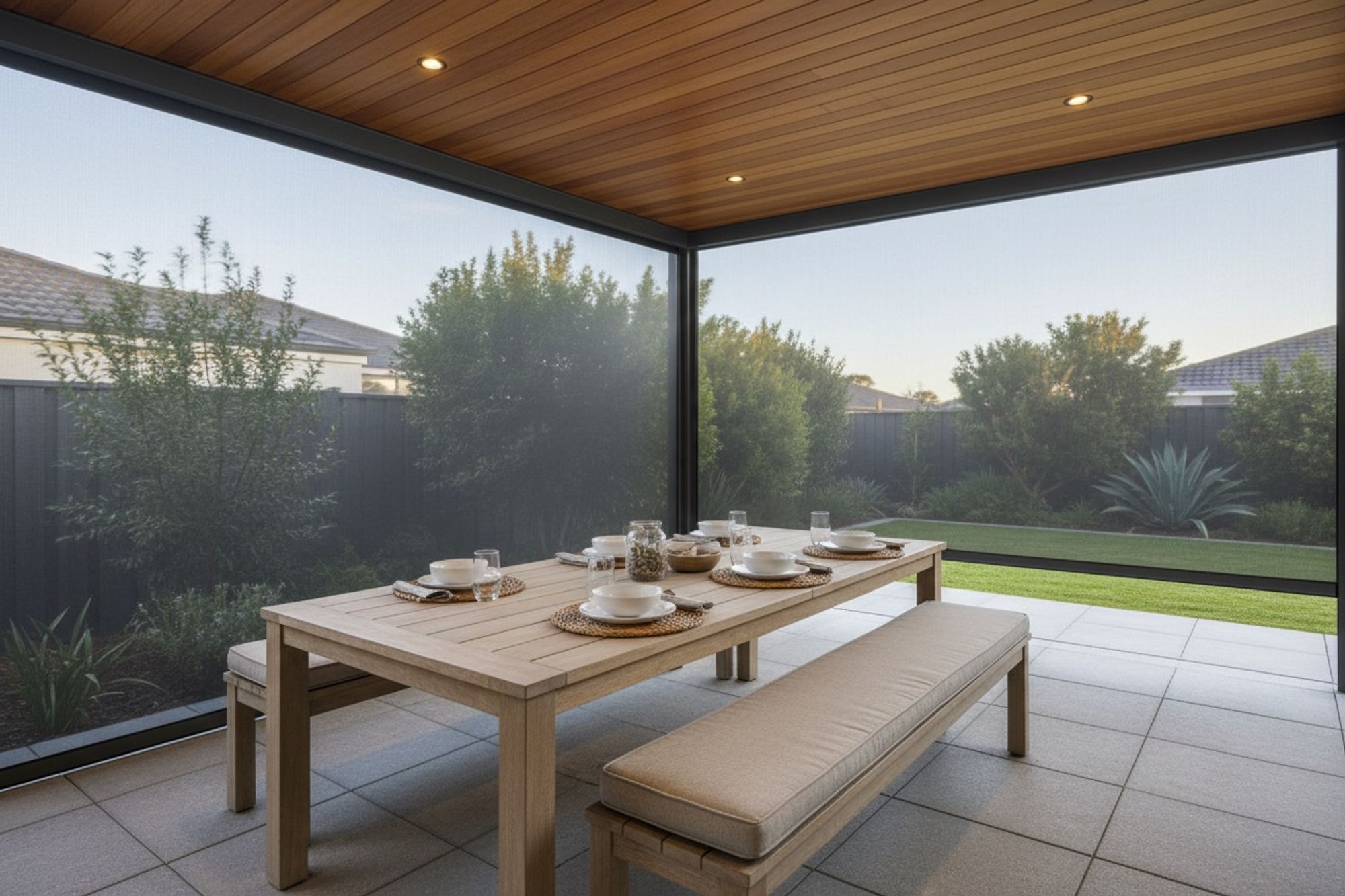 Covered alfresco with outdoor blinds lowered on the sunny side