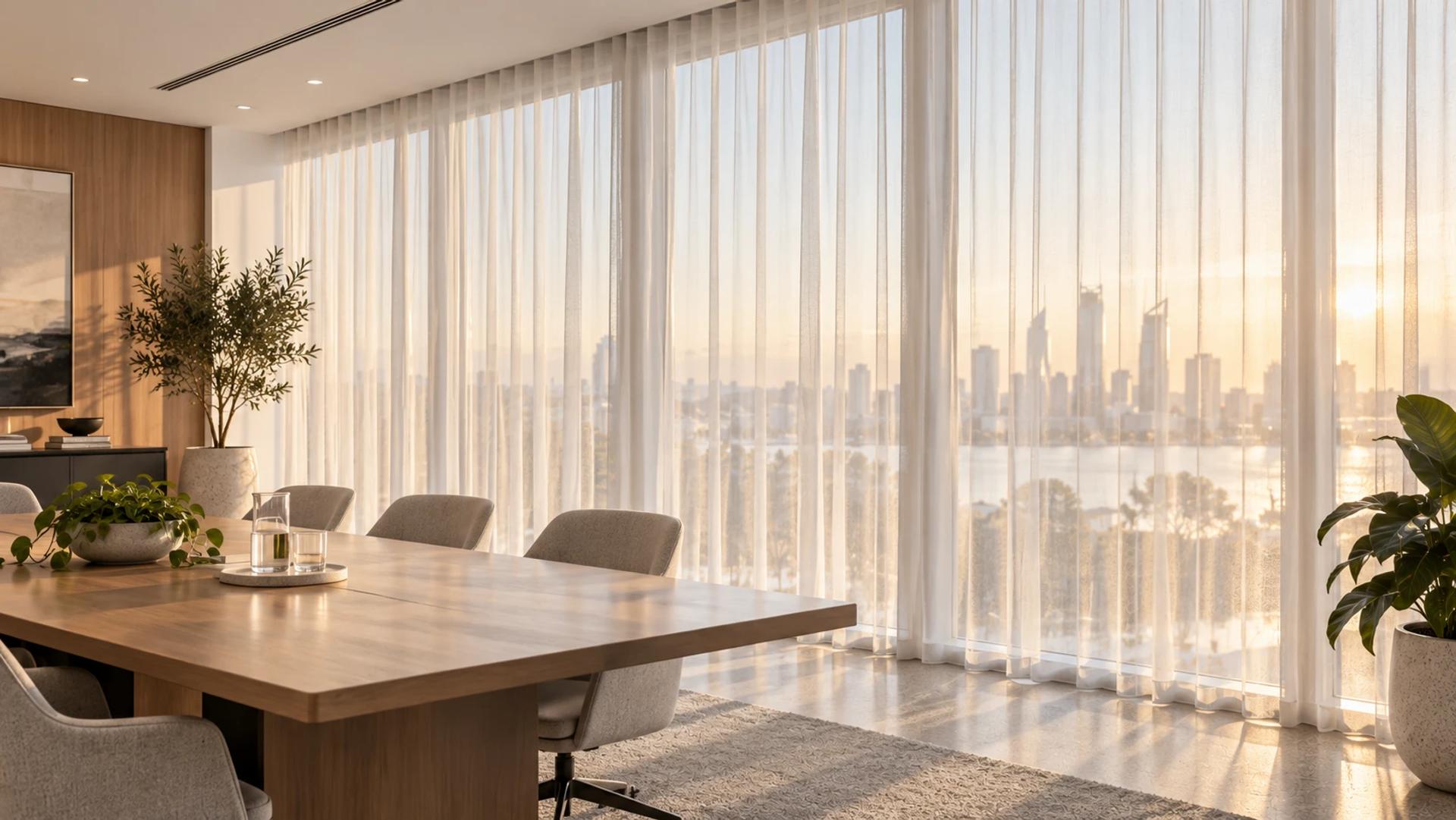 Perth office boardroom with floor-to-ceiling sheer curtains and a river-and-skyline view at golden hour