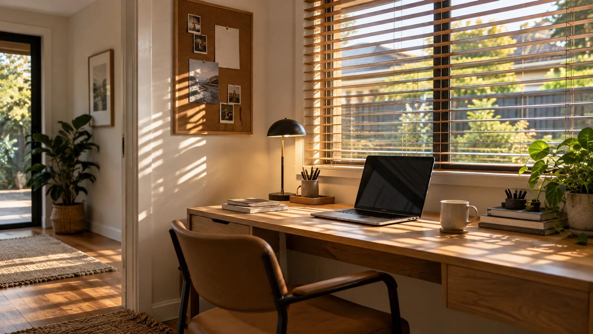 Home-office desk by a window with timber venetian blinds and a garden outlook