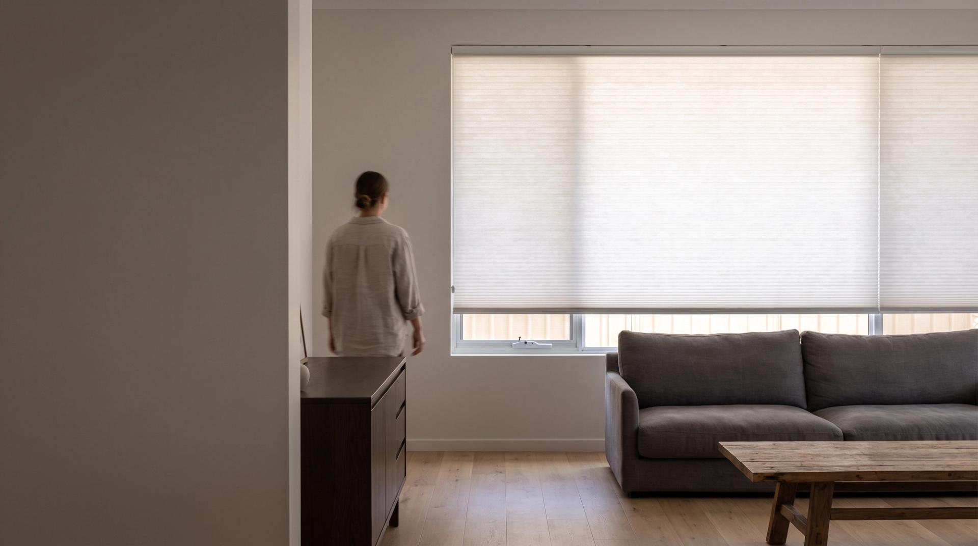 Norman honeycomb shade across a wide living room window