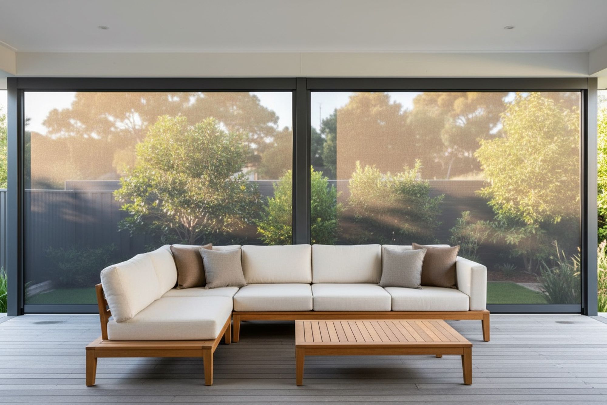 Patio with outdoor blinds in side channels around an outdoor sofa