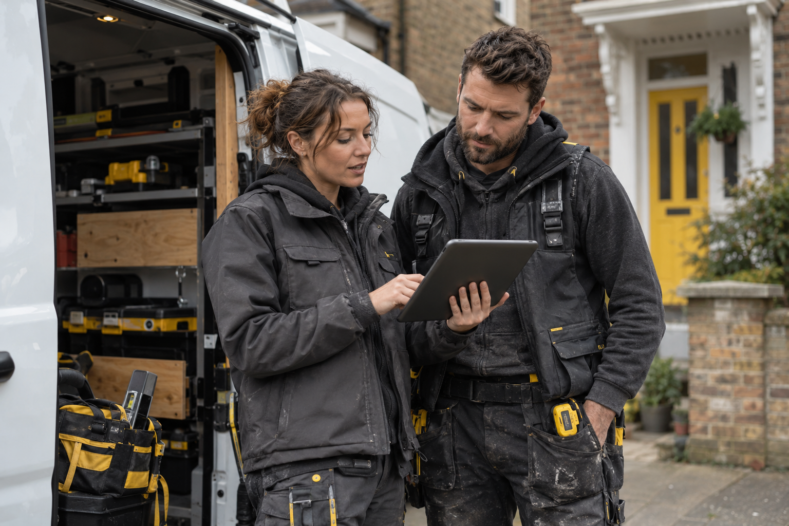 Two tradespeople checking a job on a tablet beside their work van