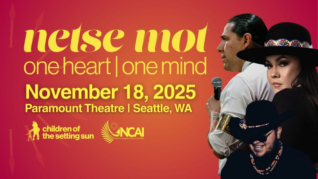 Information about Netse Mot, a performance featuring Native artsits at the Paramount Theatre on November 18. The next is in yellow against an orange background with the artists on the right side.