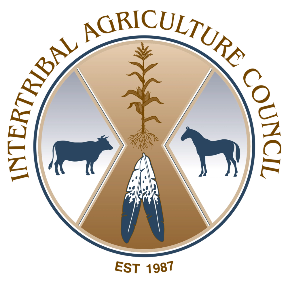 Logo for the Intertribal Agriculture Council, with a horse, cow, corn, and feathers
