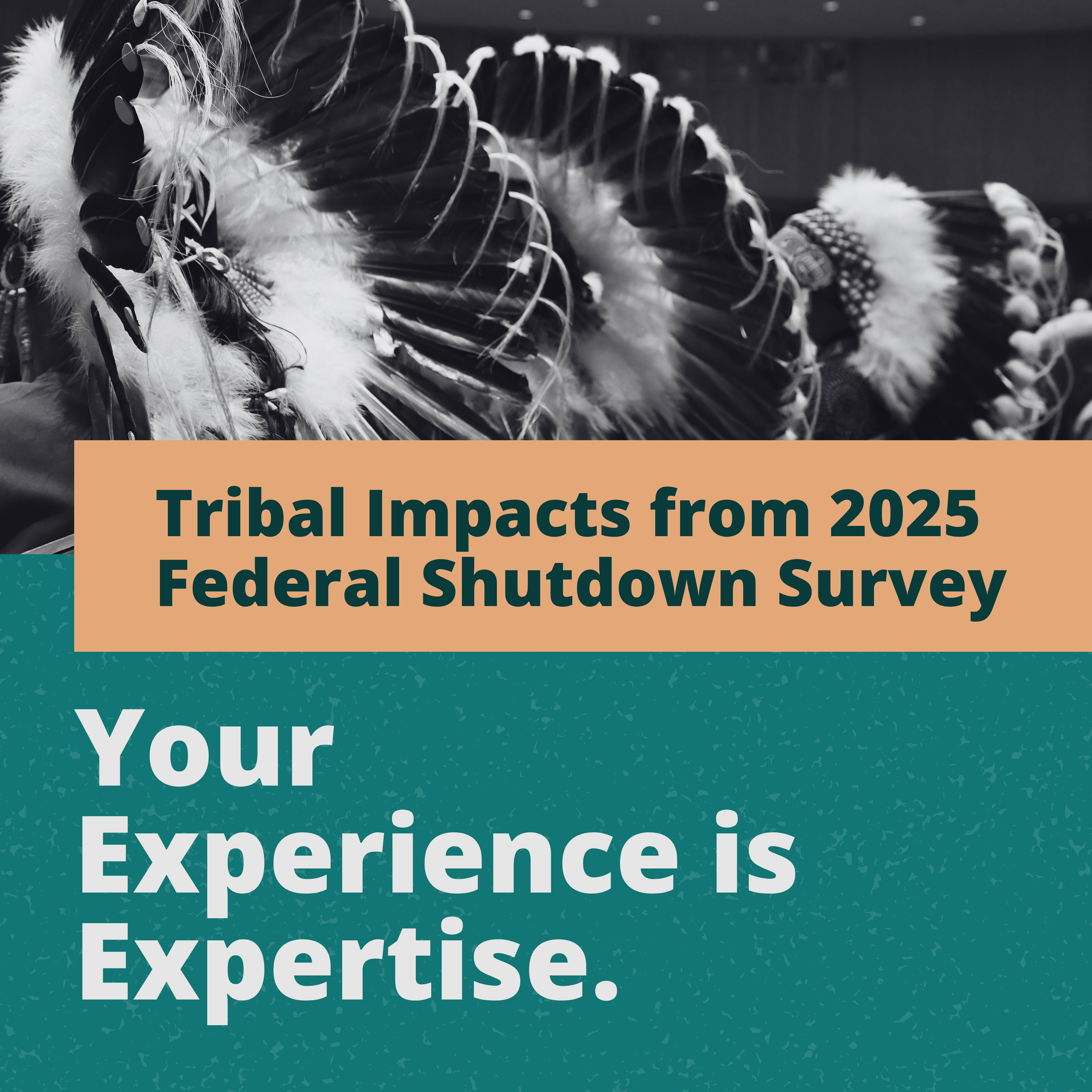 A row of people wearing headdresses with text on an orange background: "Tribal Impacts from 2025 Federal Shutdown Survey." Then in white text on a teal background, "You Experience is Expertise."