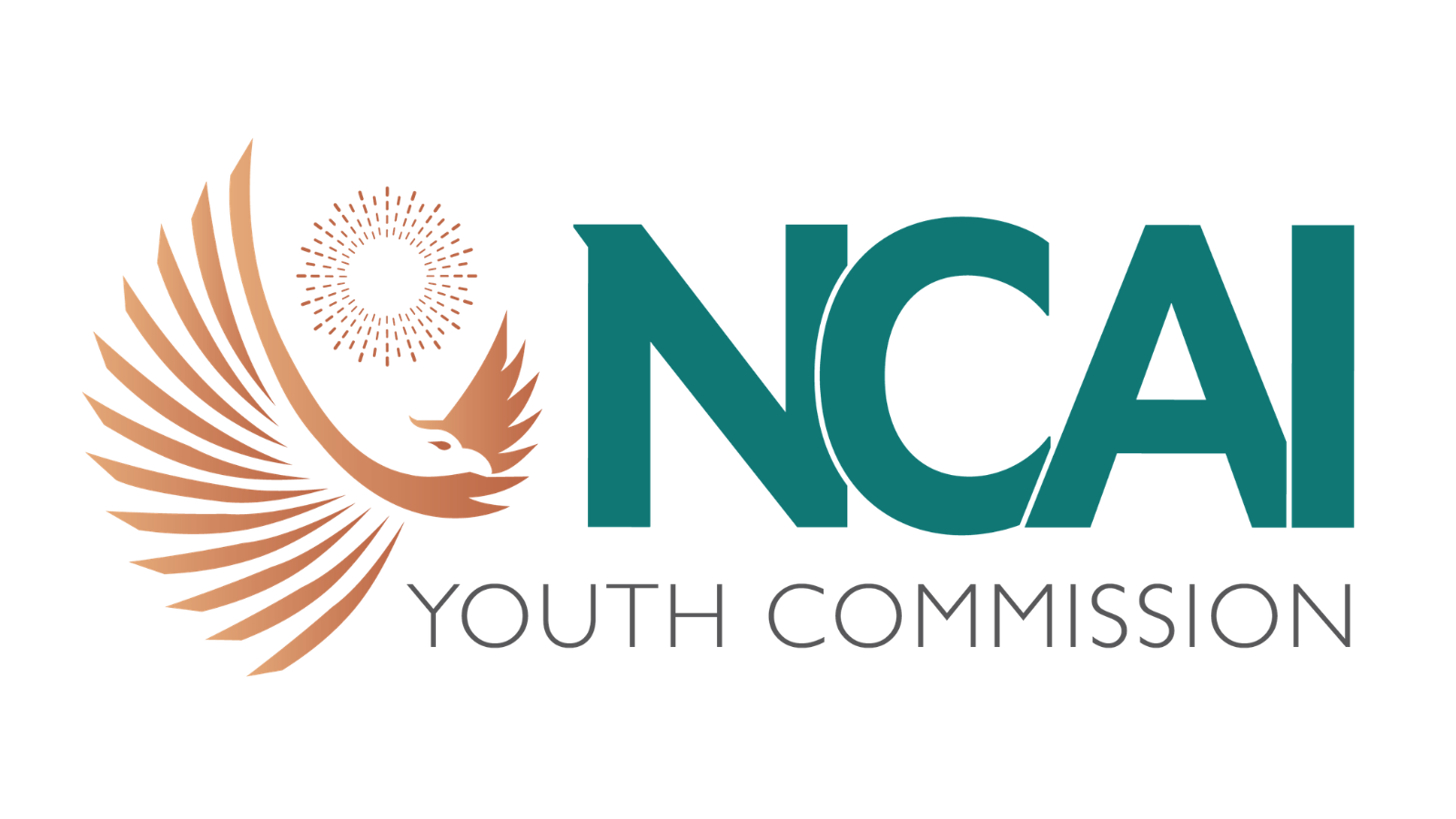 Teal letters spelling "NCAI Youth Commission" are next to an orange eagle and sun