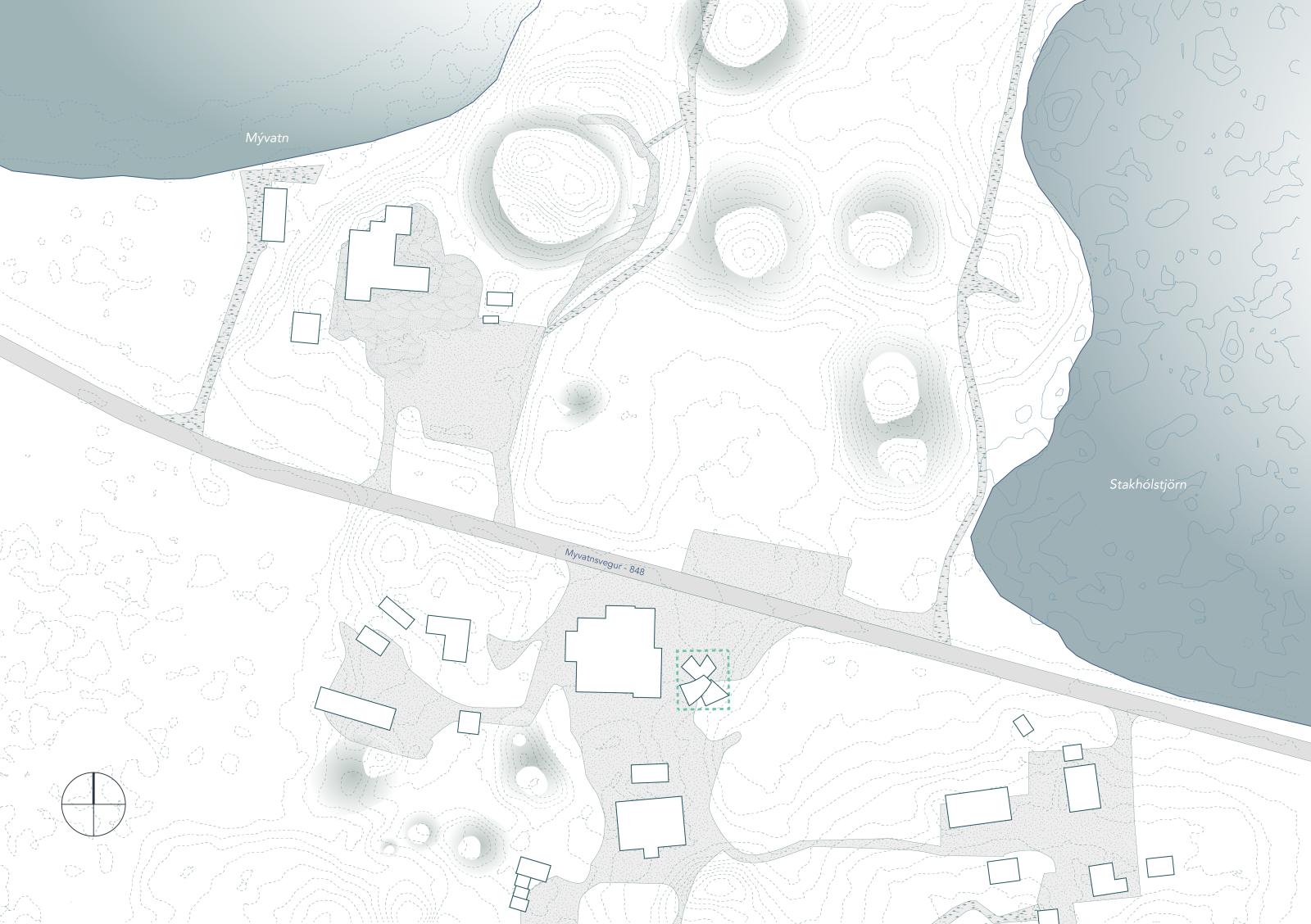 Site map of craters, lakes and Sel-Hotel at Mývatn.