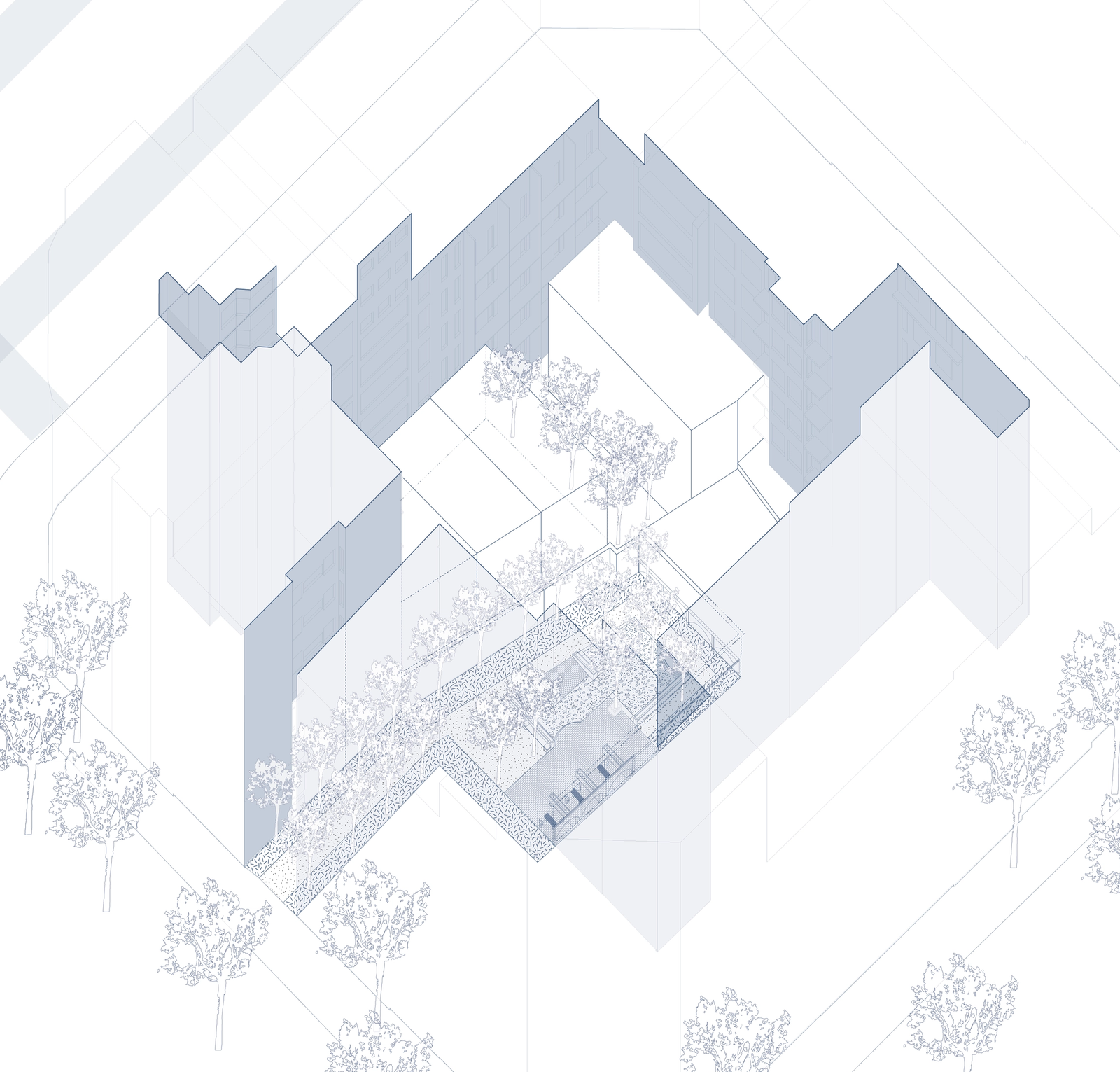 Interior proposal with added zones, planters, and interactive outdoor furniture.