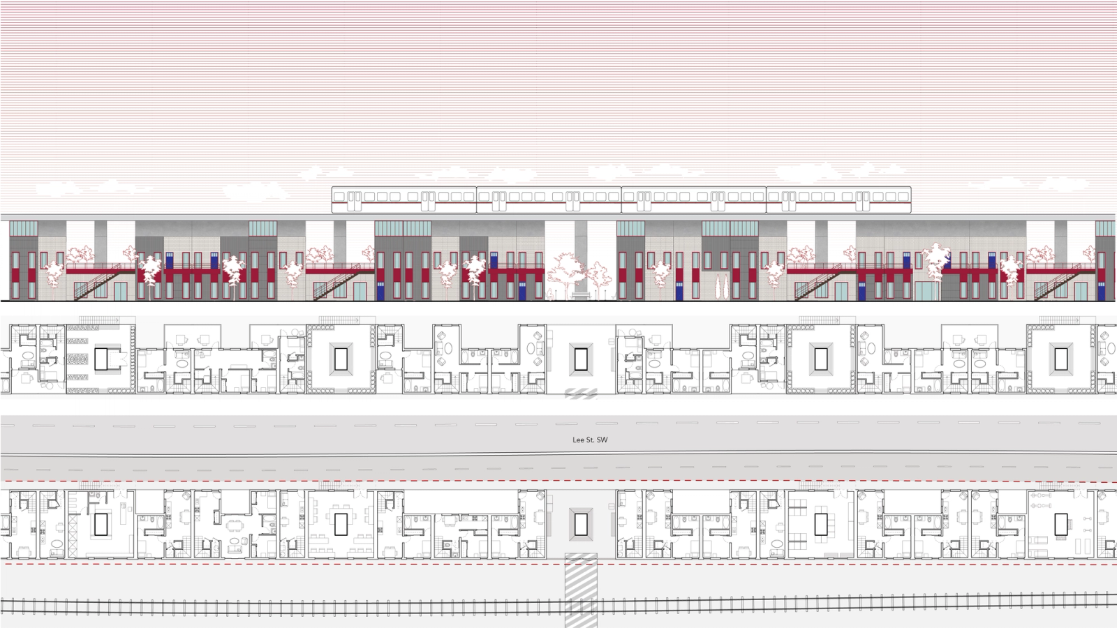 Elevation, second floor, and first floor of a stretch of four bays.