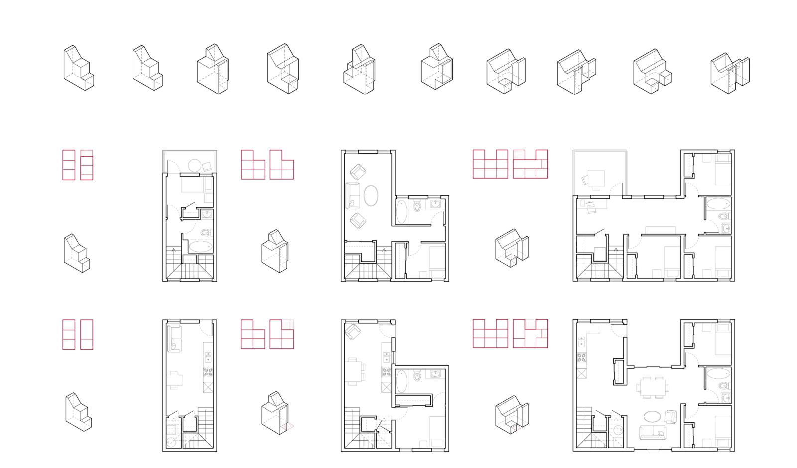Floorplans of three variations (thin, medium, wide) of units with form diagrams.