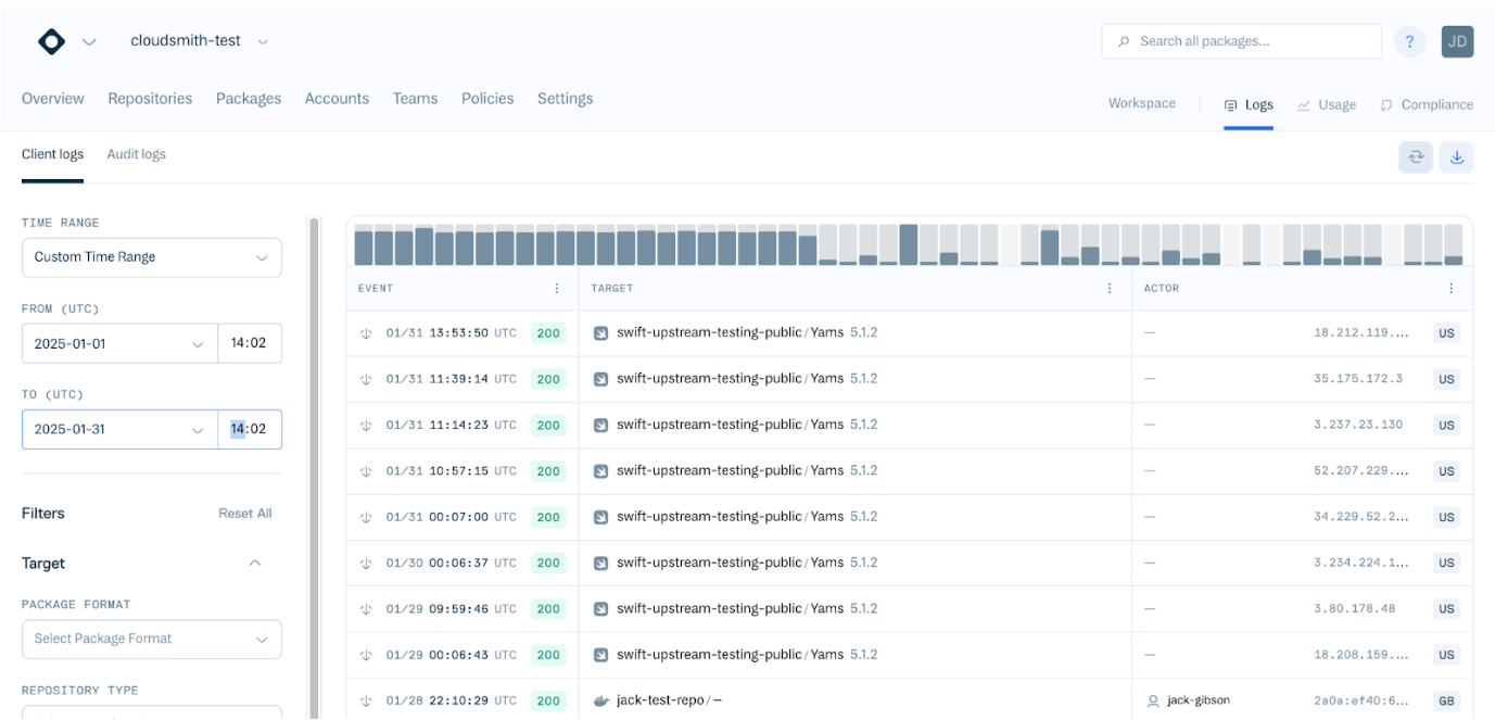 Client logs view
