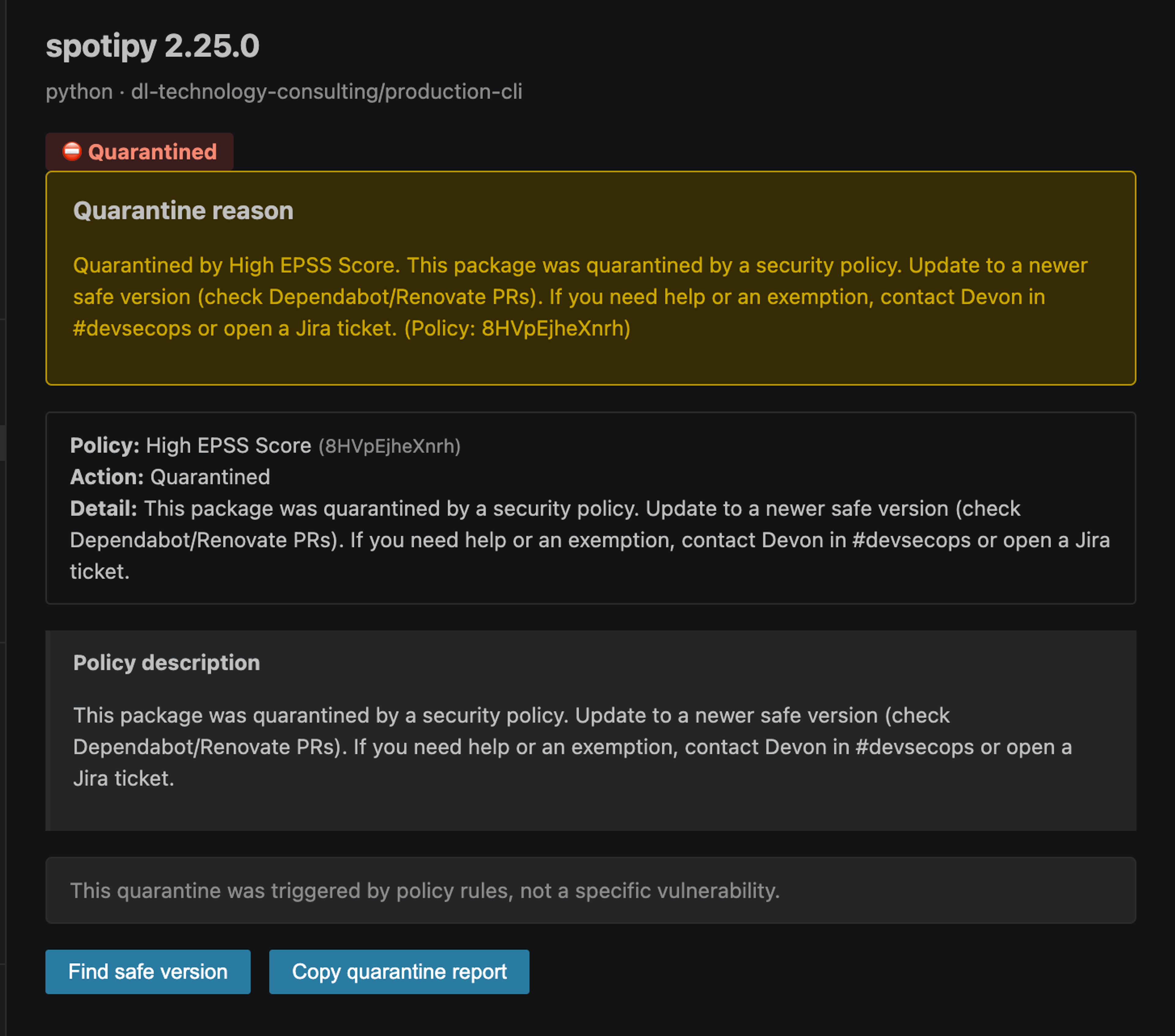Cloudsmith VS Code editor quarantine policy trace
