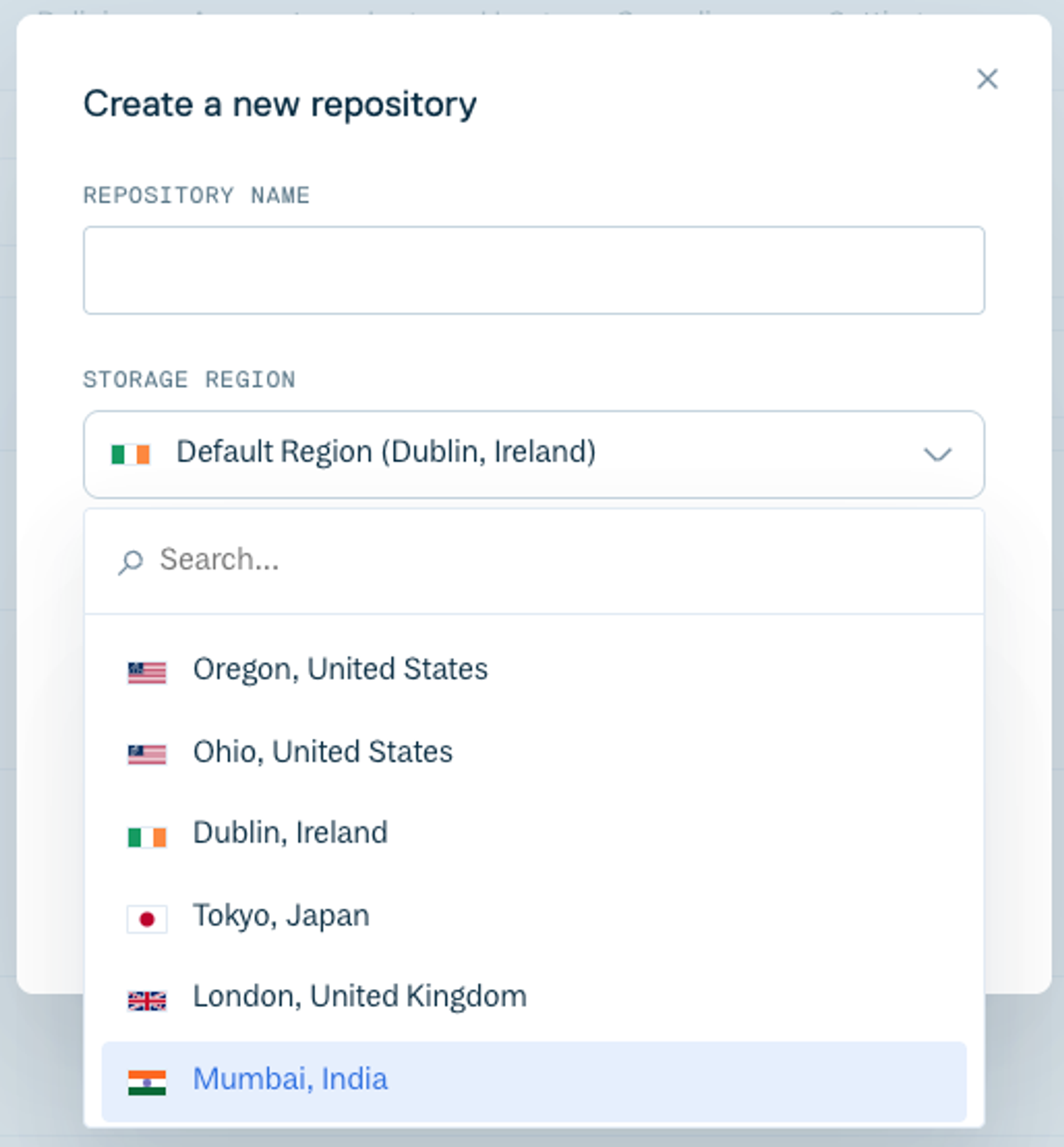 The 'Create a new repository' dialog in the Cloudsmith web app, showing the Mumbai, India storage region.