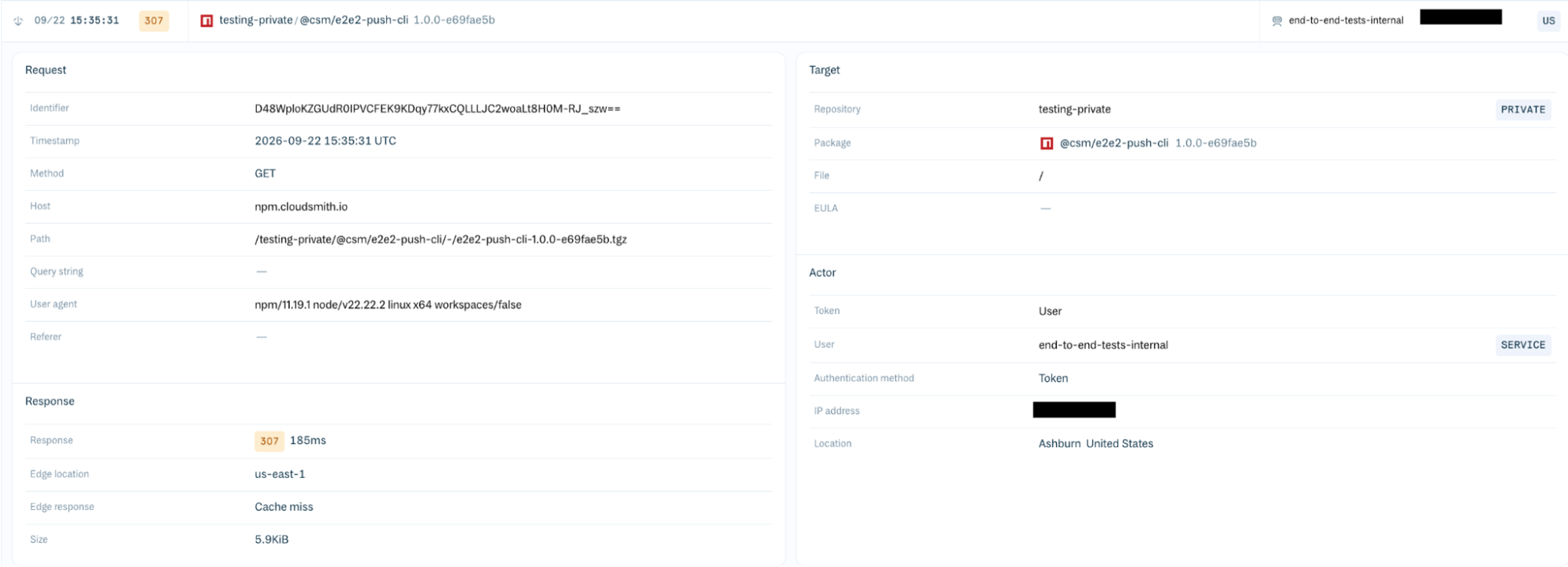 An expanded client log entry in the Cloudsmith web app.
