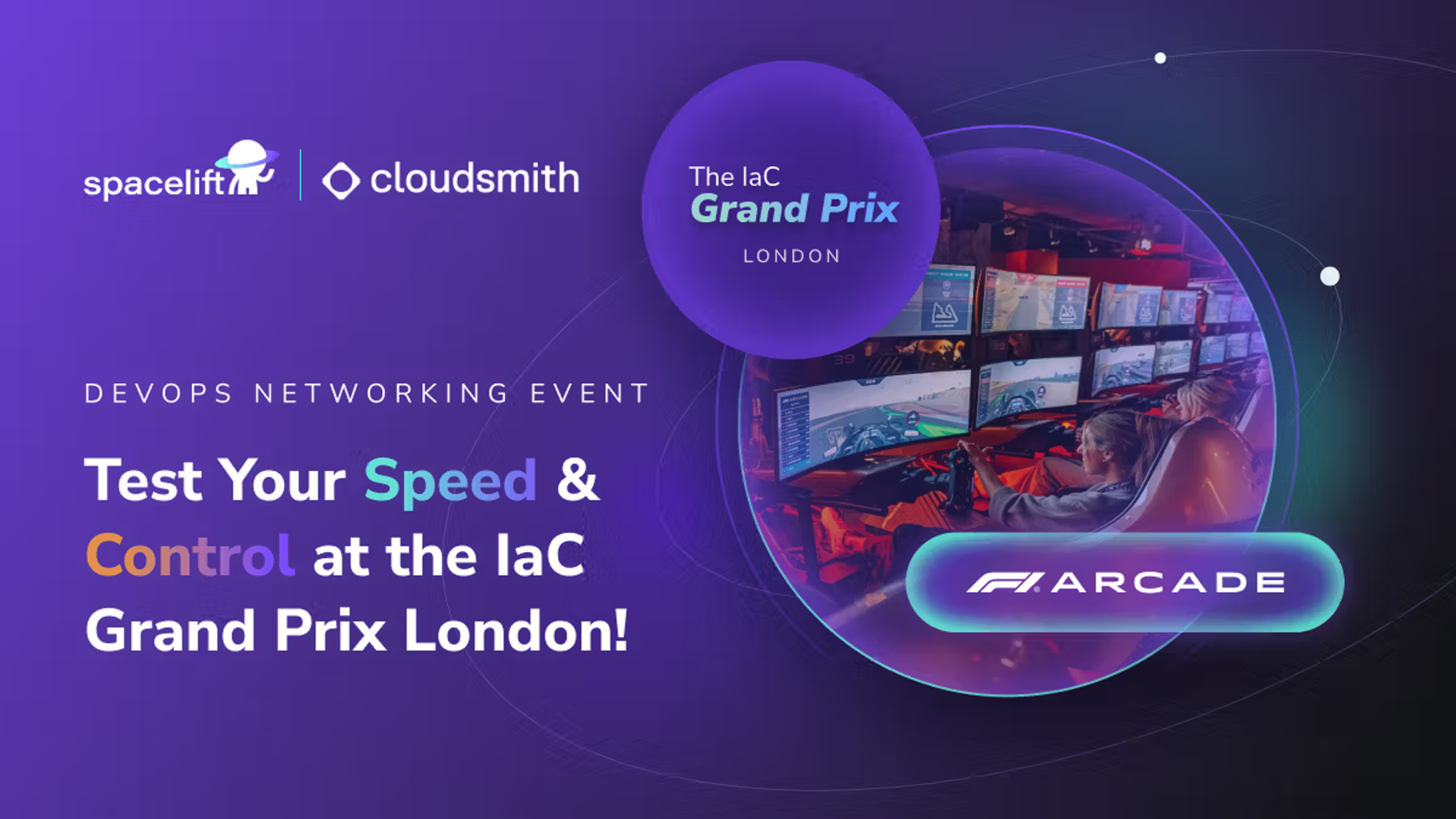 Promotional graphic for a DevOps networking event hosted by Spacelift and Cloudsmith called “The IaC Grand Prix London.”
