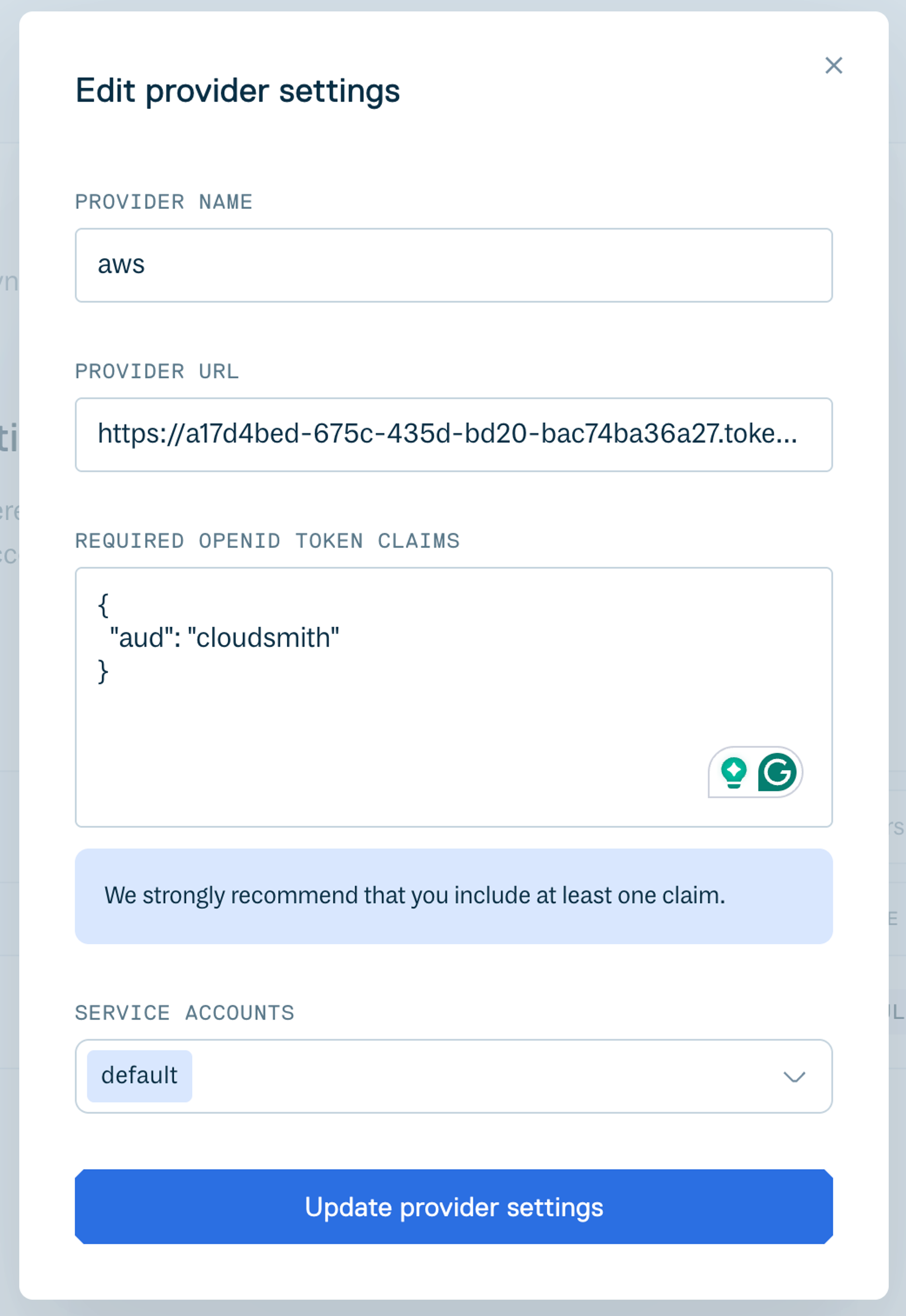 Cloudsmith provider settings for Amazon STS config