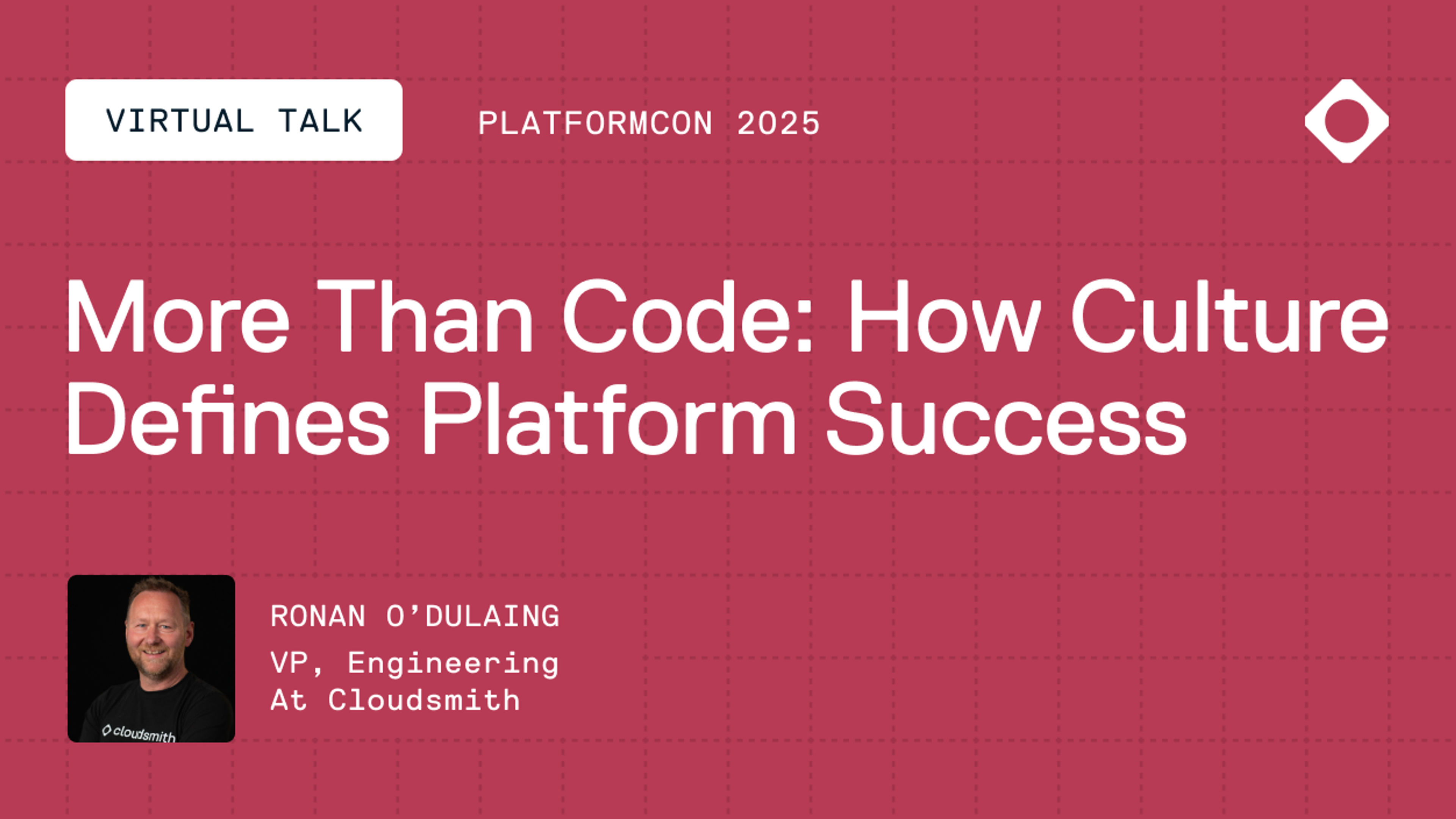 Promotional graphic for a virtual talk held by Cloudsmith at PlatformCon2025