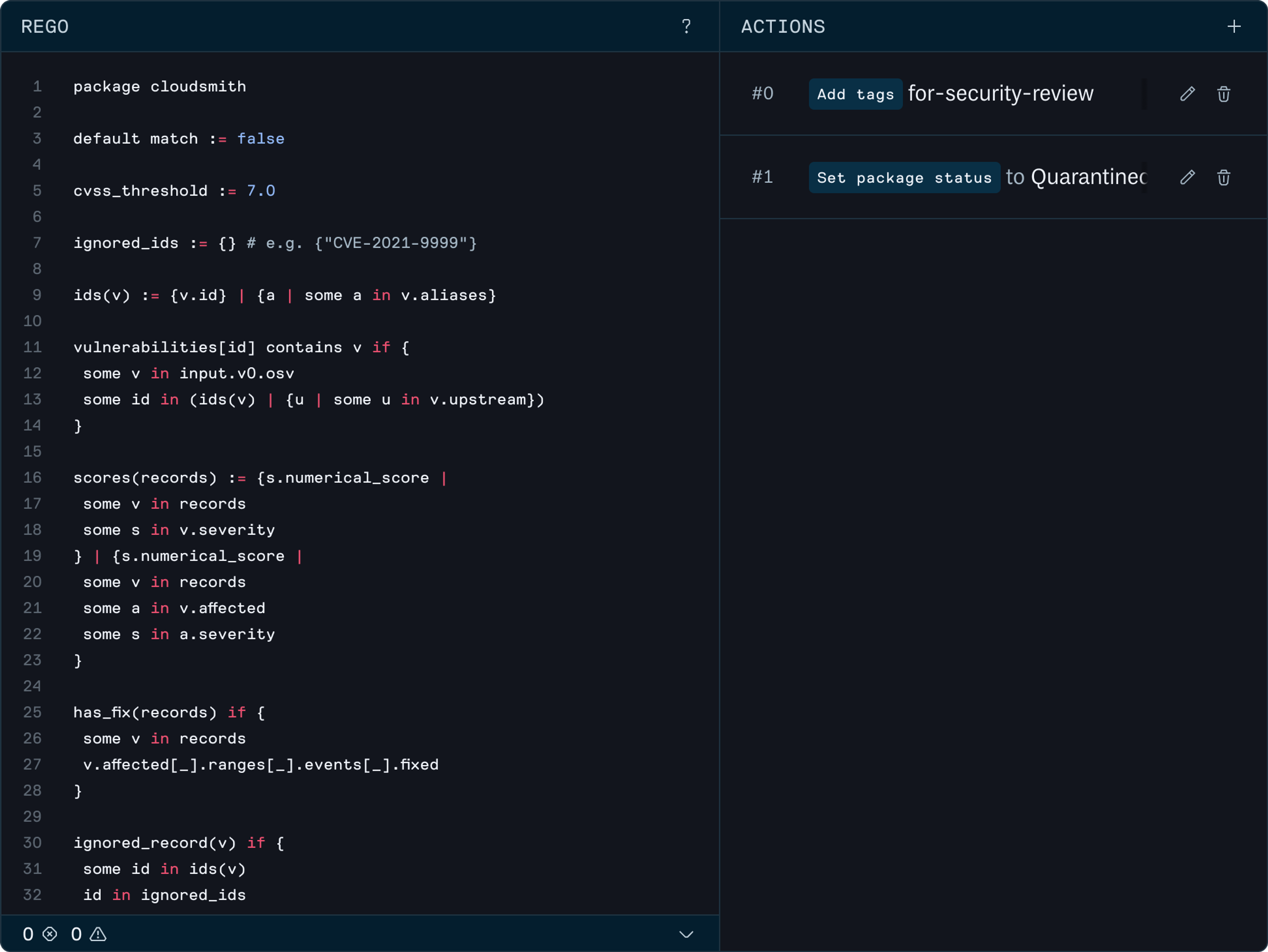 The Rego policy editor in the Cloudsmith web app