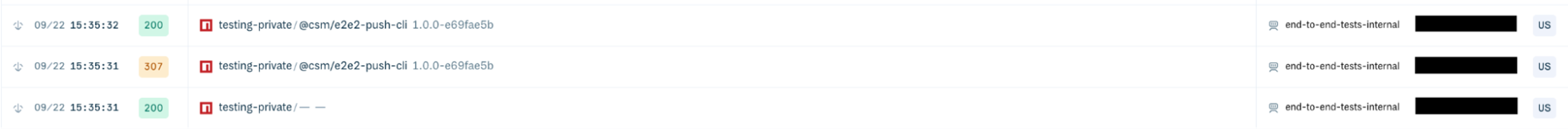 Three client log entries for an npm install in the Cloudsmith web app.