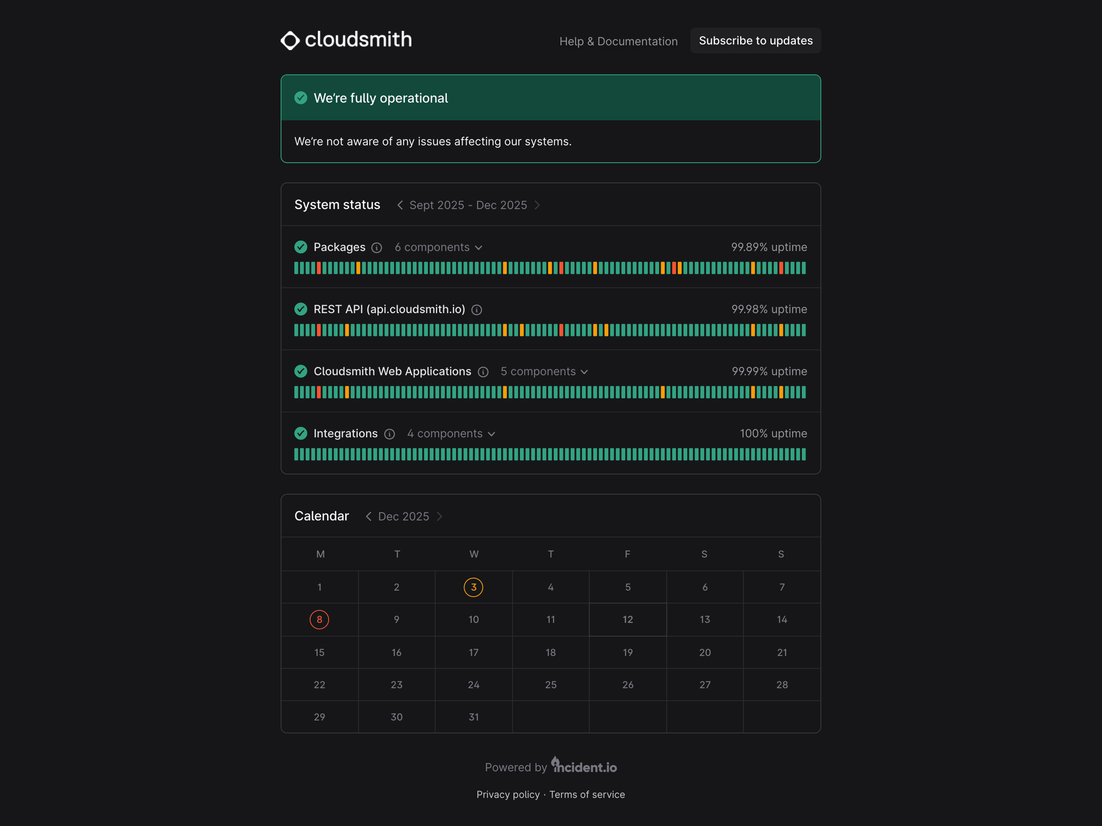 Cloudsmith’s reorganized Status Page