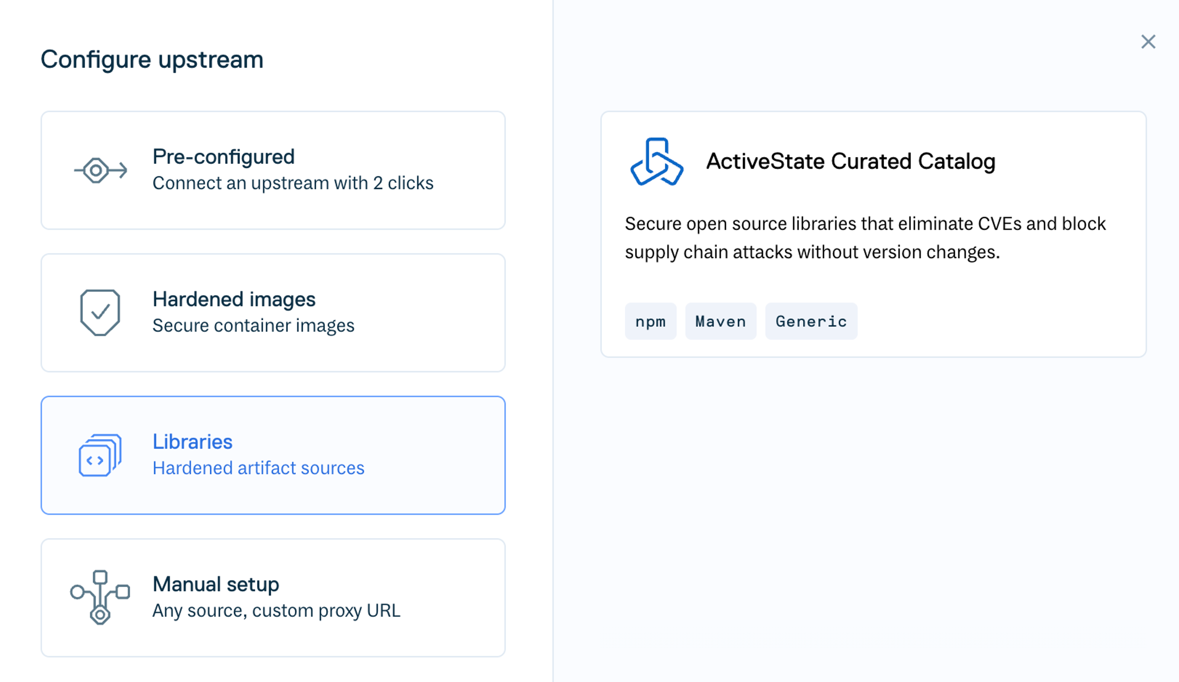 The Libraries tab of the Configure upstream dialog in the Cloudsmith web app, showing the 'ActiveState Curated Catalog' upstream options.