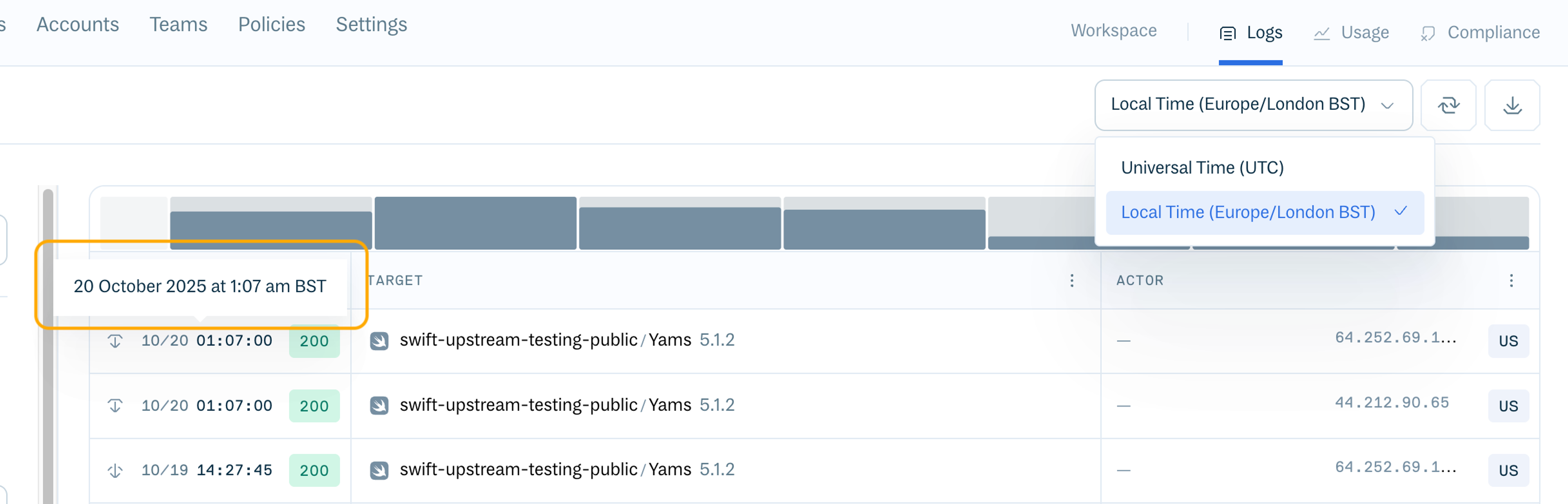 A dropdown on Client Logs showing the ability to change timezones. 