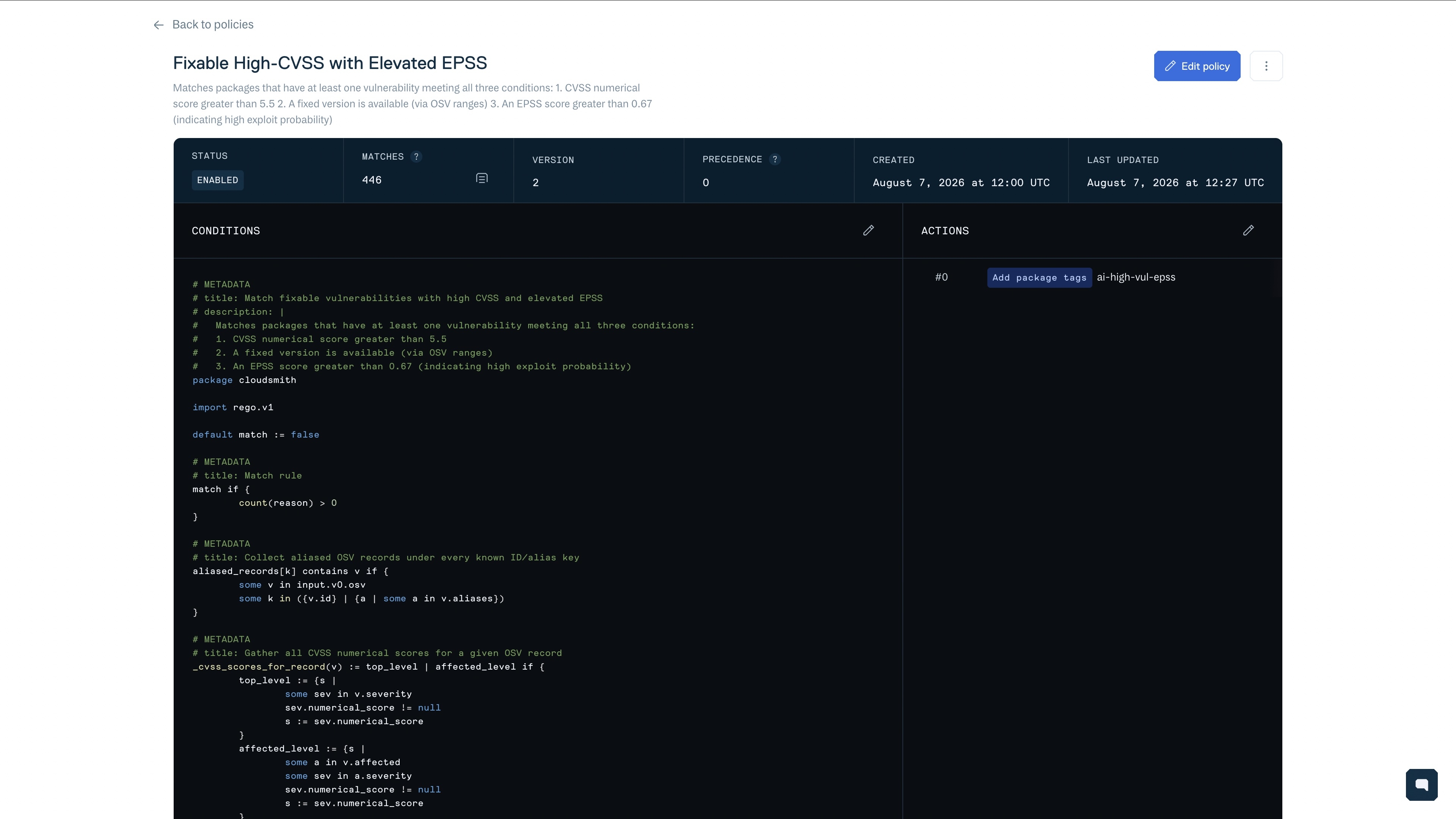 A Cloudsmith policy defined in Rego, matching fixable vulnerabilities with high CVSS and elevated EPSS scores.