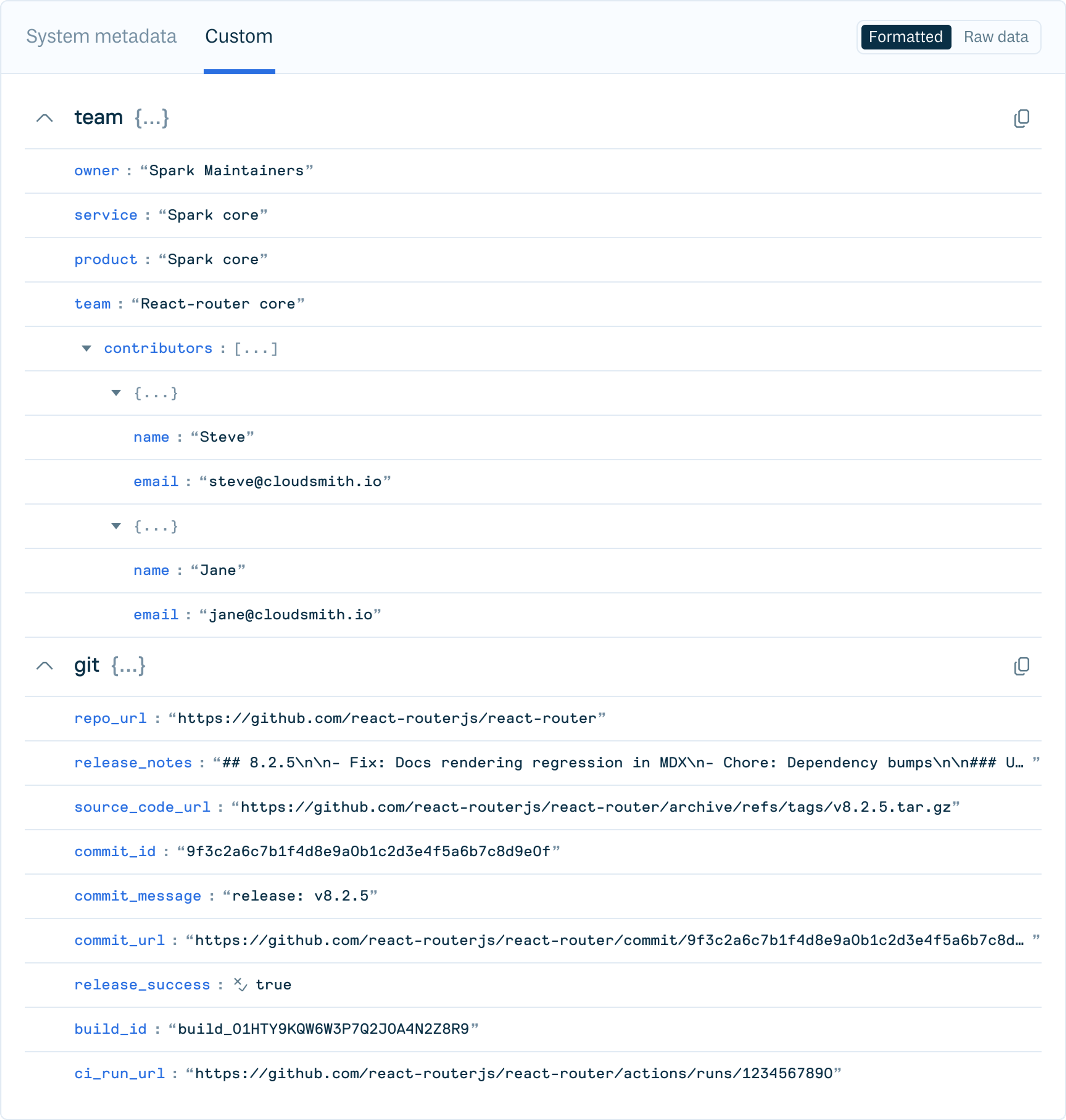 Custom metadata displayed on a package in the Cloudsmith web app.