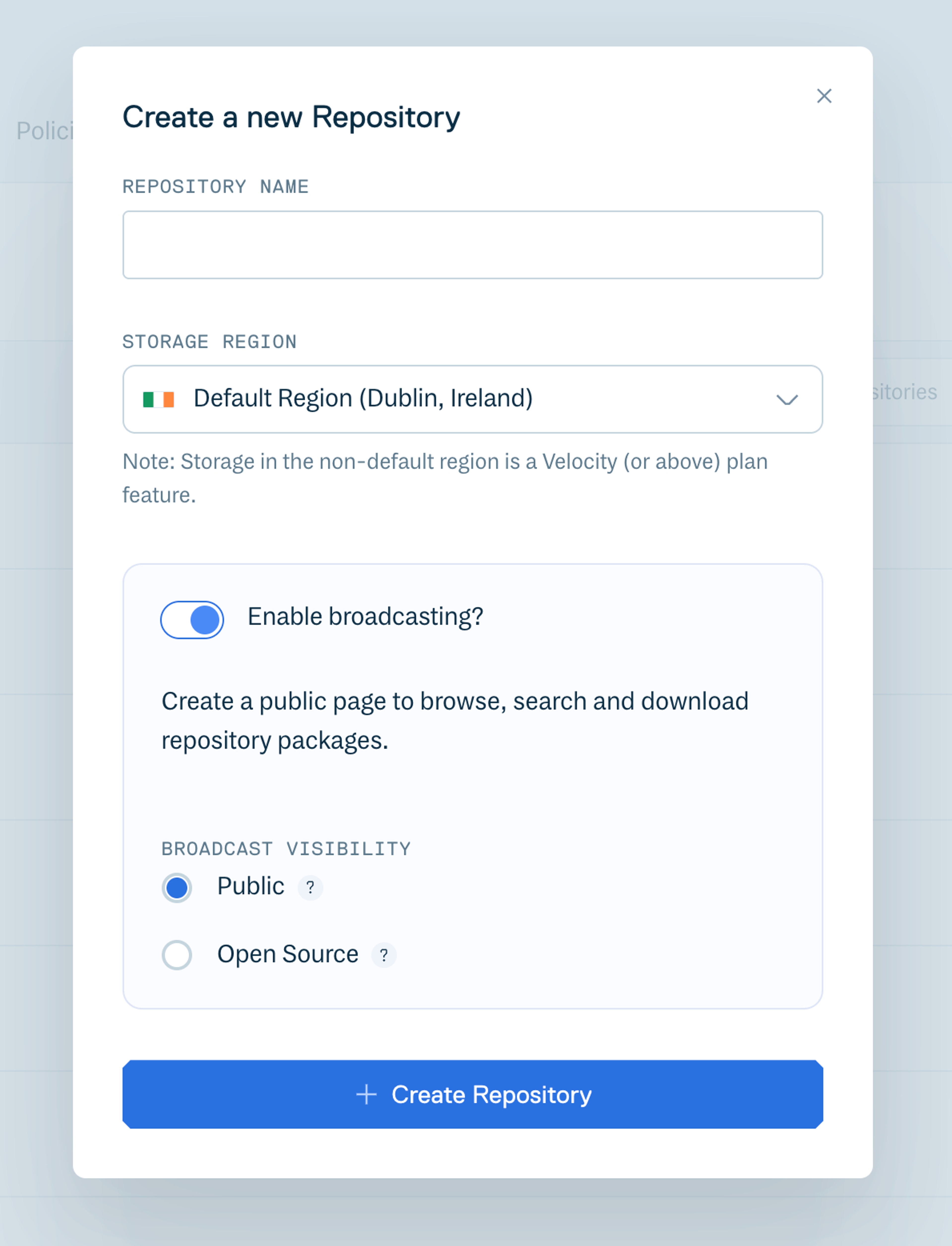New Repository form, with options to enable a public or OSS Broadcast.