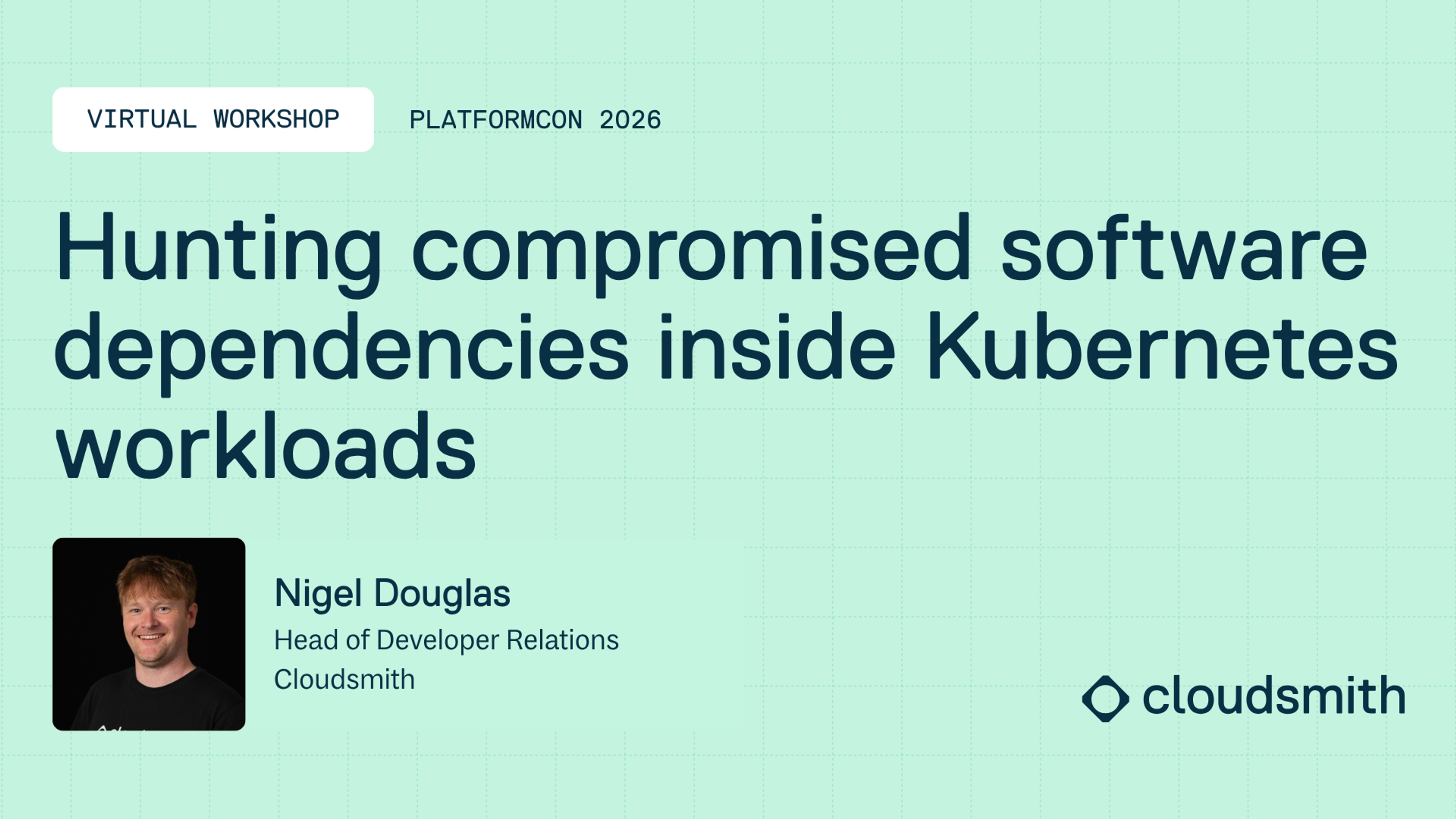 Promotional graphic for a virtual talk held by Cloudsmith at PlatformCon2025