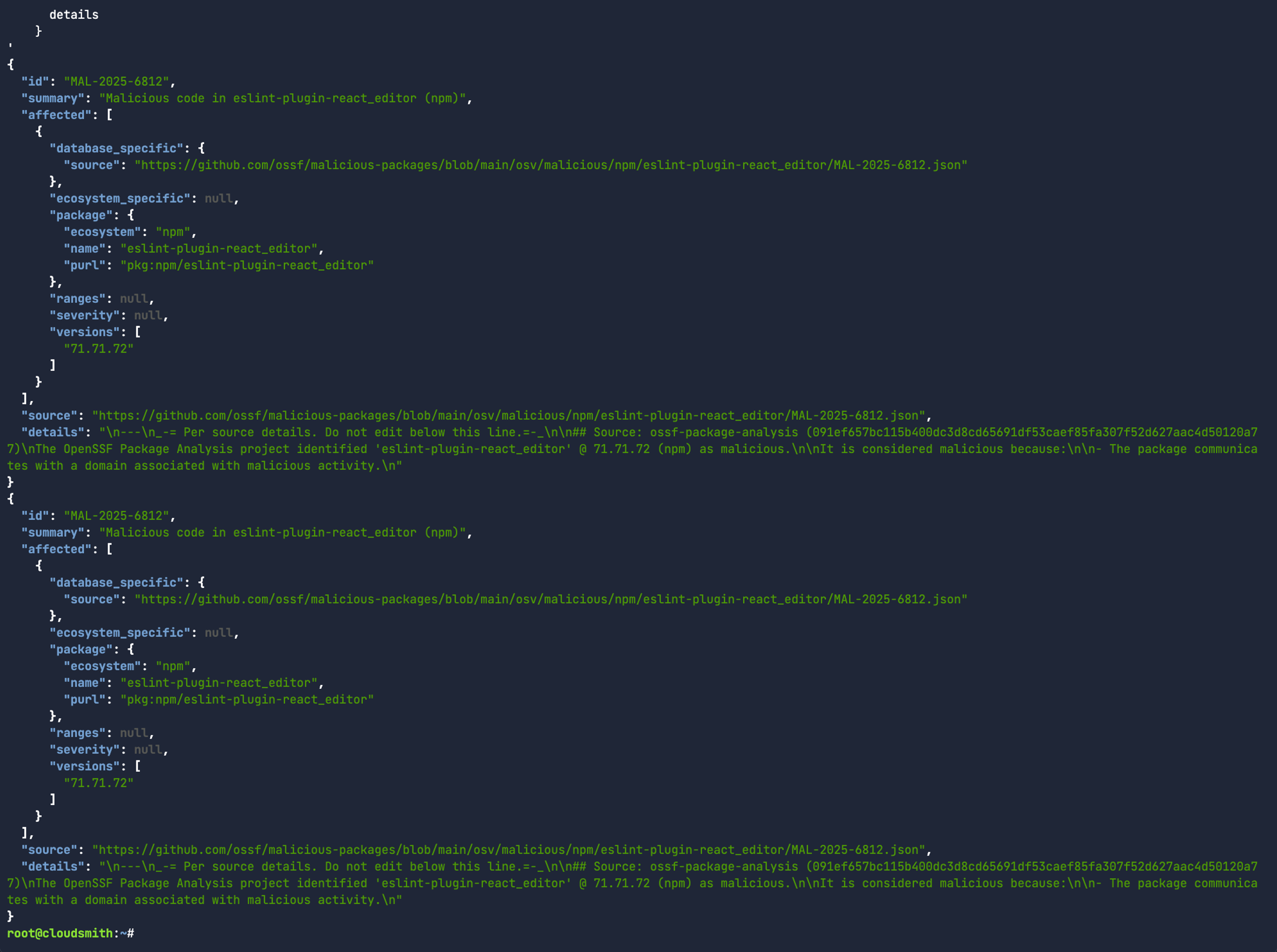 Cloudsmith Decision Log Filtered for Malware Context